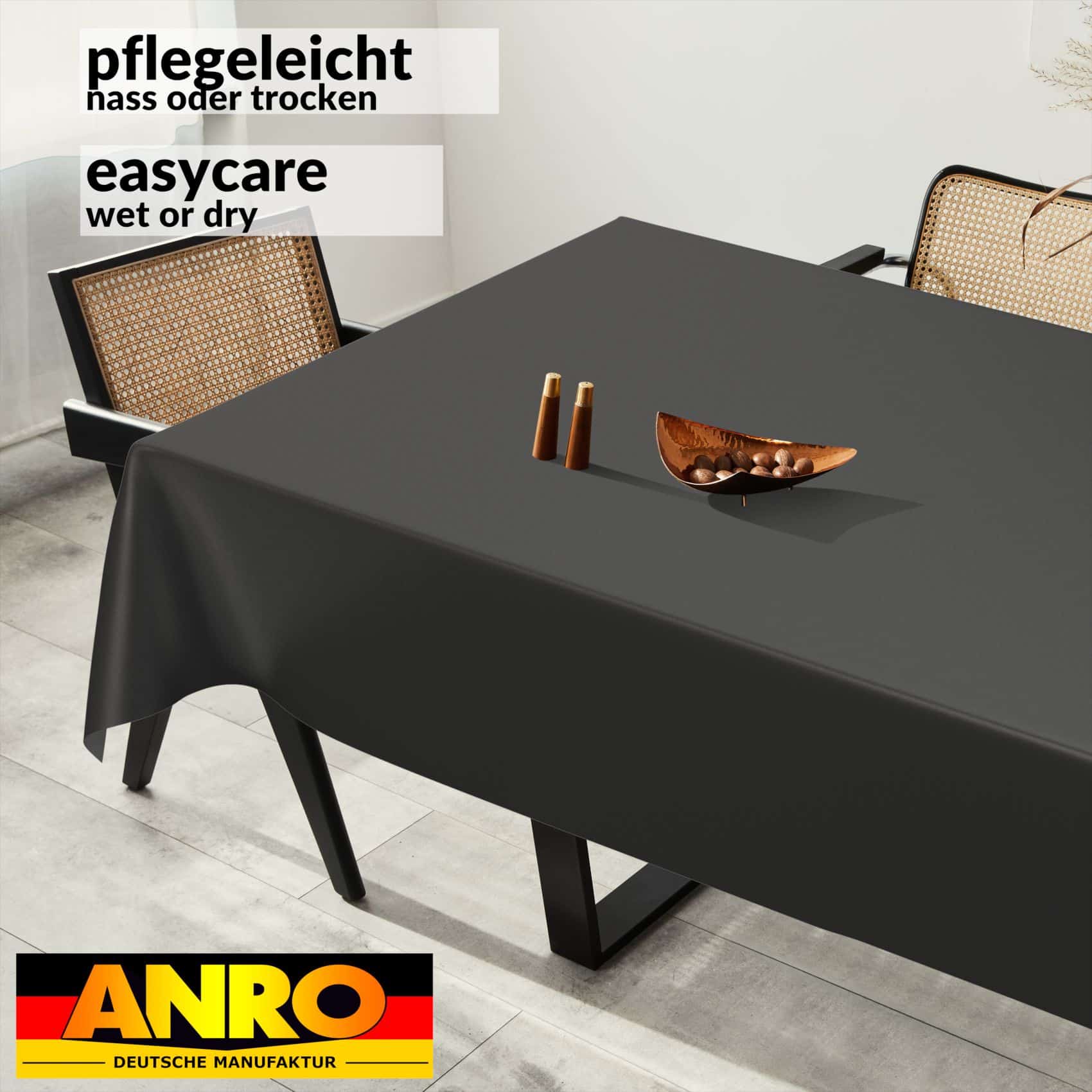 ERSCHW_SQ_91 Wachstuch Tischdecke abwaschbar Meterware Wachstuchtischdecke Gartentischdecke 140cm Uni Schwarz – 100x140cm, Schnittkante