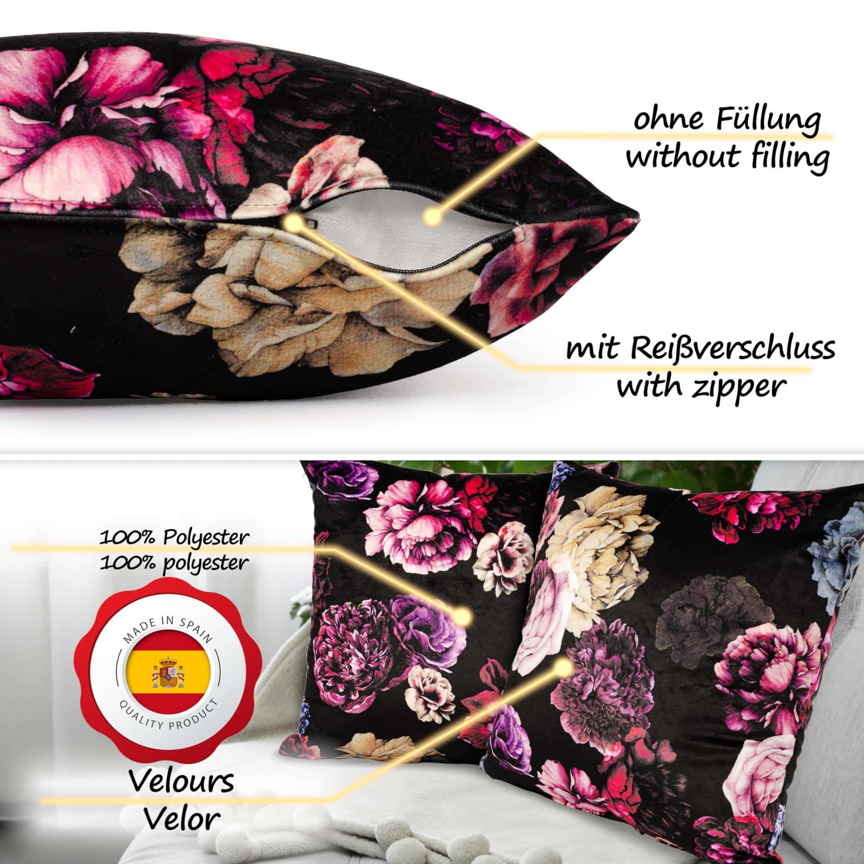 GT8884-10_30 Mikrofaser Dekokissen Velours Kissenbezug Sofakissen Kissenhülle mit & ohne Füllung – Pionies