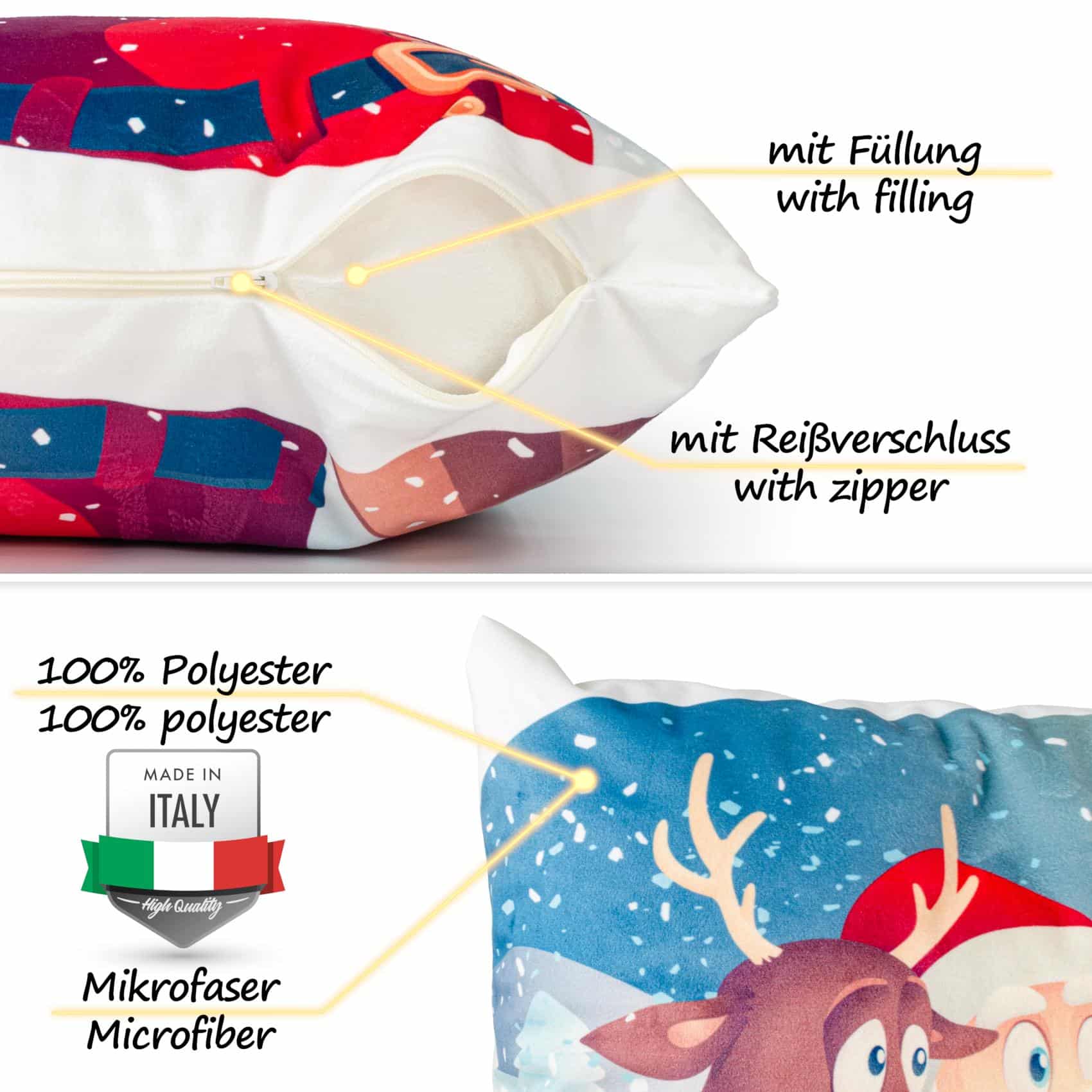 Weihnachtskissen Kissenhülle Weihnachten Kissen Dekokissen mit & ohne Füllung 45x45cm Selfie Weihnachtsmann – 45x45cm, mit Füllung