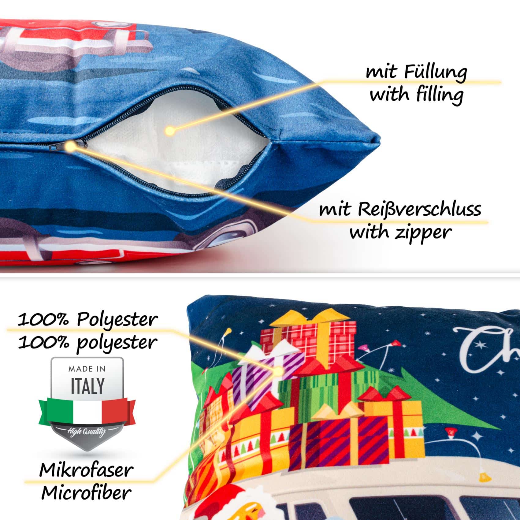 Kissenbez-ge_Dekokissen_RG3713-04_31 Weihnachtskissen Kissenhülle Weihnachten Kissen Dekokissen mit & ohne Füllung 45x45cm VW-Bus Weihnachtsmann – 45x45cm, mit Füllung
