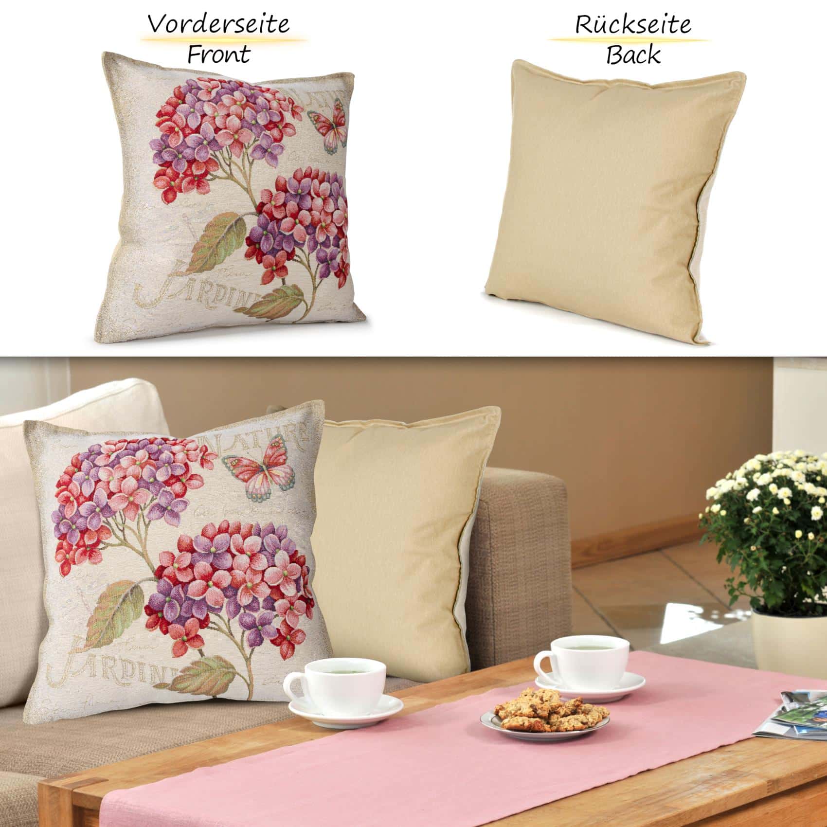 Gobelin Dekokissen Landhaus Vintage Sofakissen mit & ohne Füllung 45x45cm Hortensien