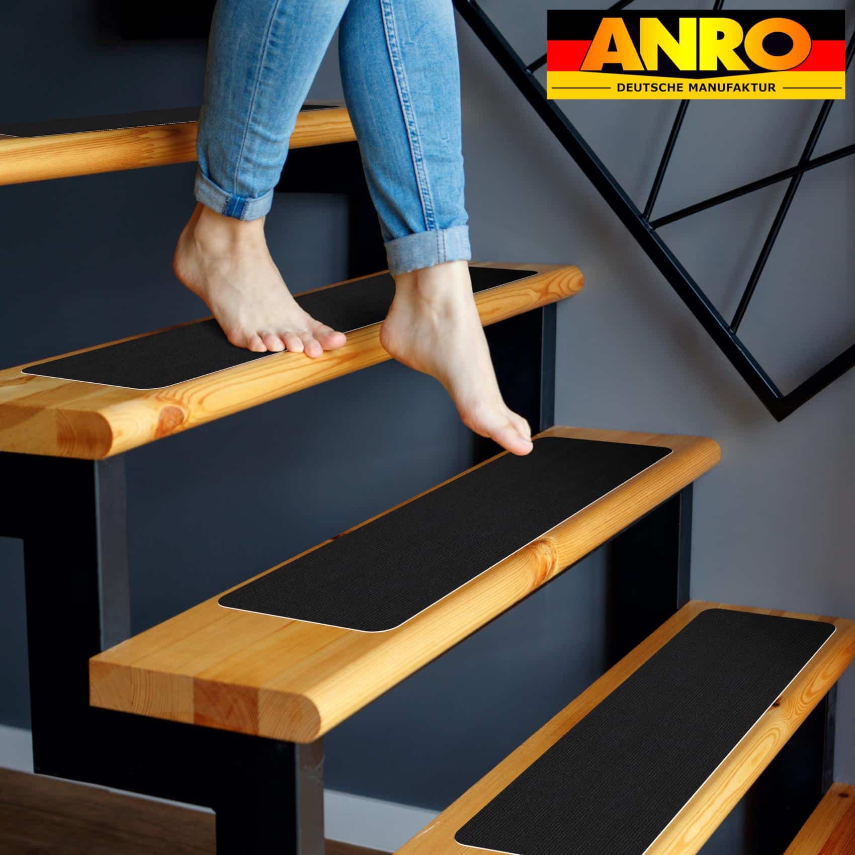 Treppenteppich Treppenstufen Teppich Stufenteppich Stufenmatte selbsthaftend Rechteckig Schwarz – 50x20cm