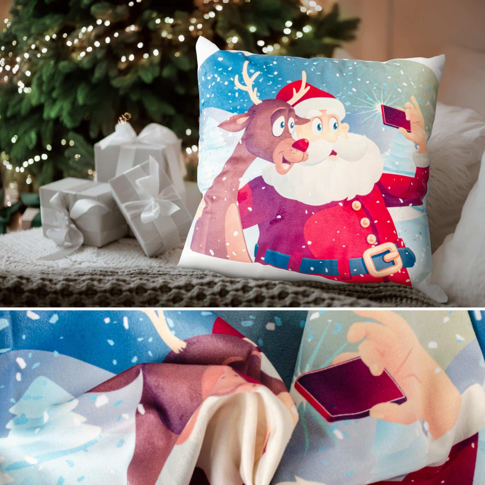 Weihnachtskissen Kissenhülle Weihnachten Kissen Dekokissen mit & ohne Füllung 45x45cm Selfie Weihnachtsmann – 45x45cm, mit Füllung