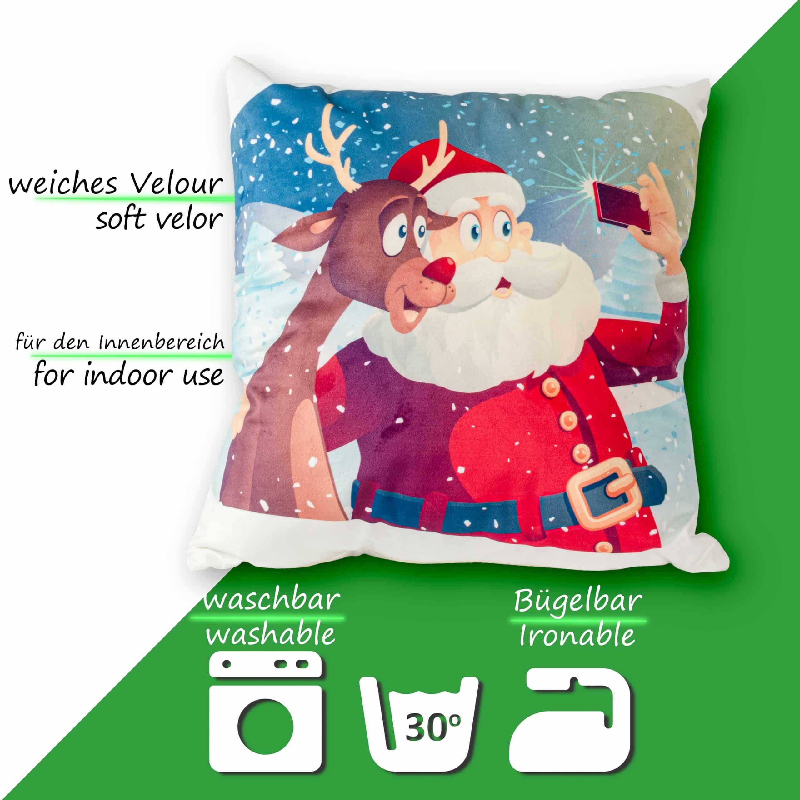 Weihnachtskissen Kissenhülle Weihnachten Kissen Dekokissen mit & ohne Füllung 45x45cm Selfie Weihnachtsmann – 45x45cm, ohne Füllung