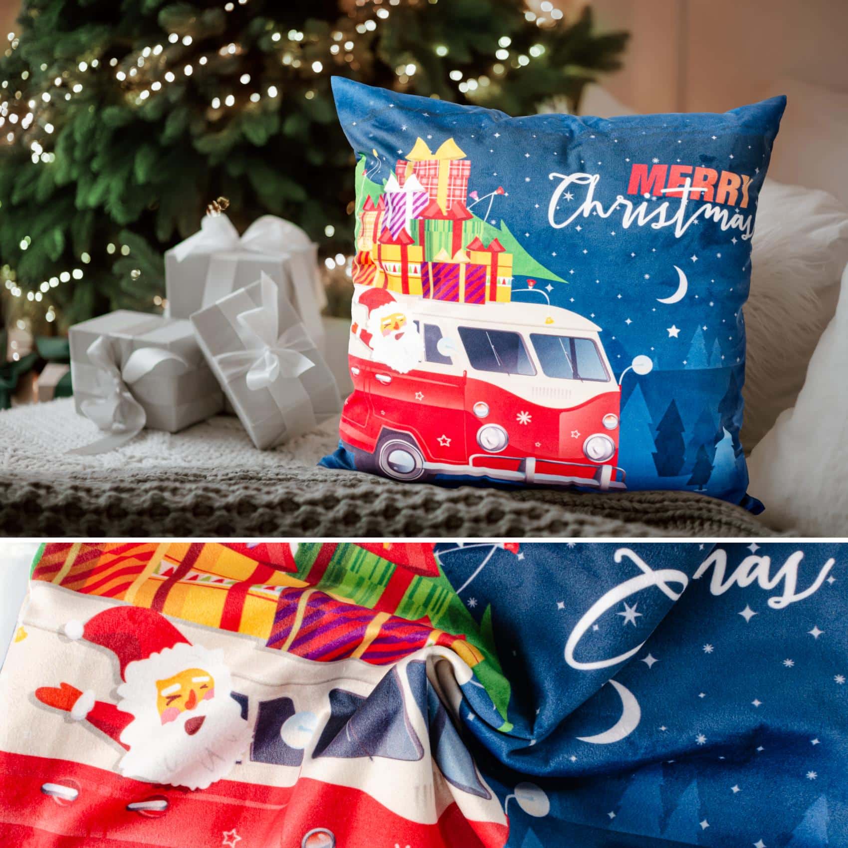 RG3713-04_20 Weihnachtskissen Kissenhülle Weihnachten Kissen Dekokissen mit & ohne Füllung 45x45cm VW-Bus Weihnachtsmann – 45x45cm, ohne Füllung