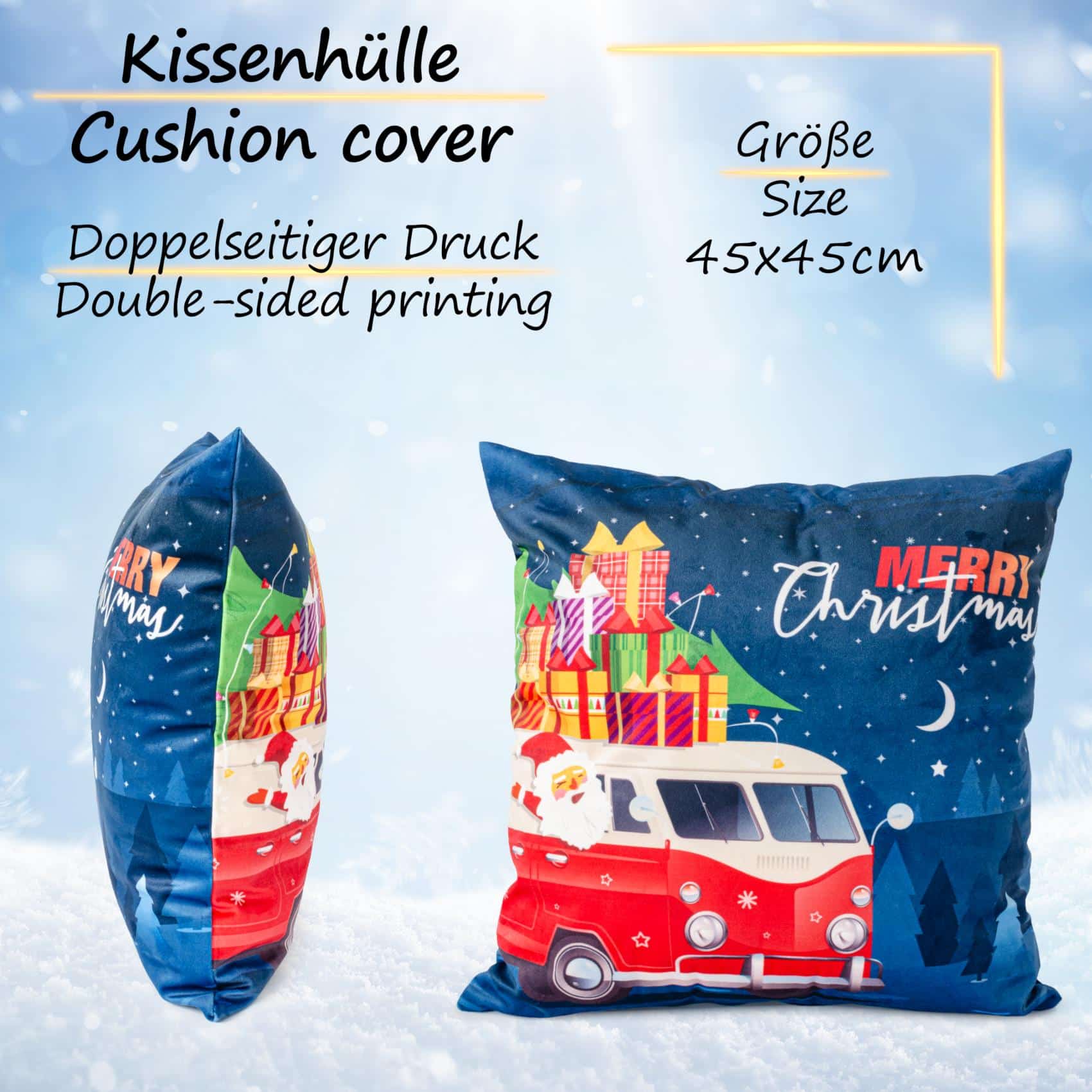 RG3713-04_40 Weihnachtskissen Kissenhülle Weihnachten Kissen Dekokissen mit & ohne Füllung 45x45cm VW-Bus Weihnachtsmann – 45x45cm, ohne Füllung