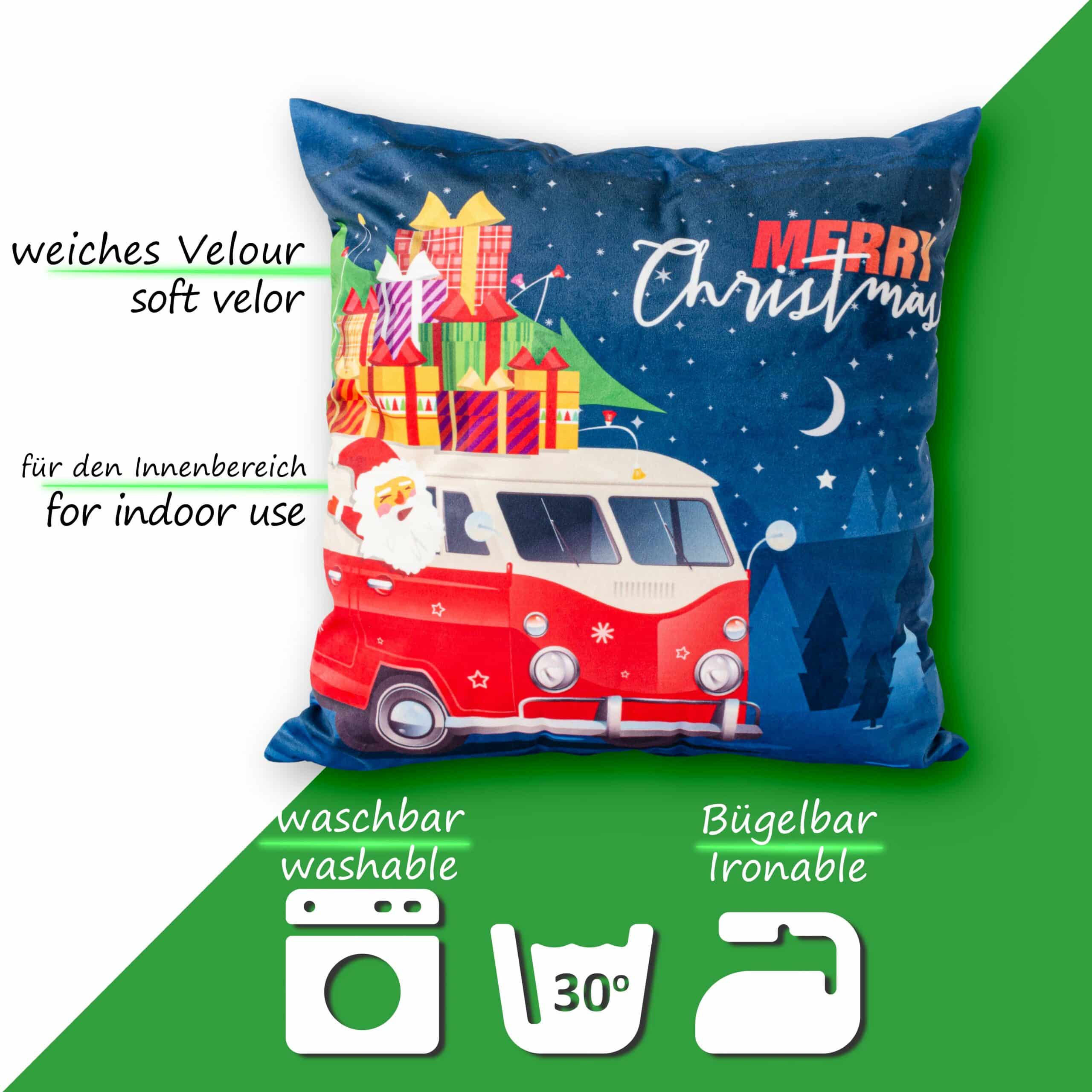 RG3713-04_50 Weihnachtskissen Kissenhülle Weihnachten Kissen Dekokissen mit & ohne Füllung 45x45cm VW-Bus Weihnachtsmann – 45x45cm, mit Füllung