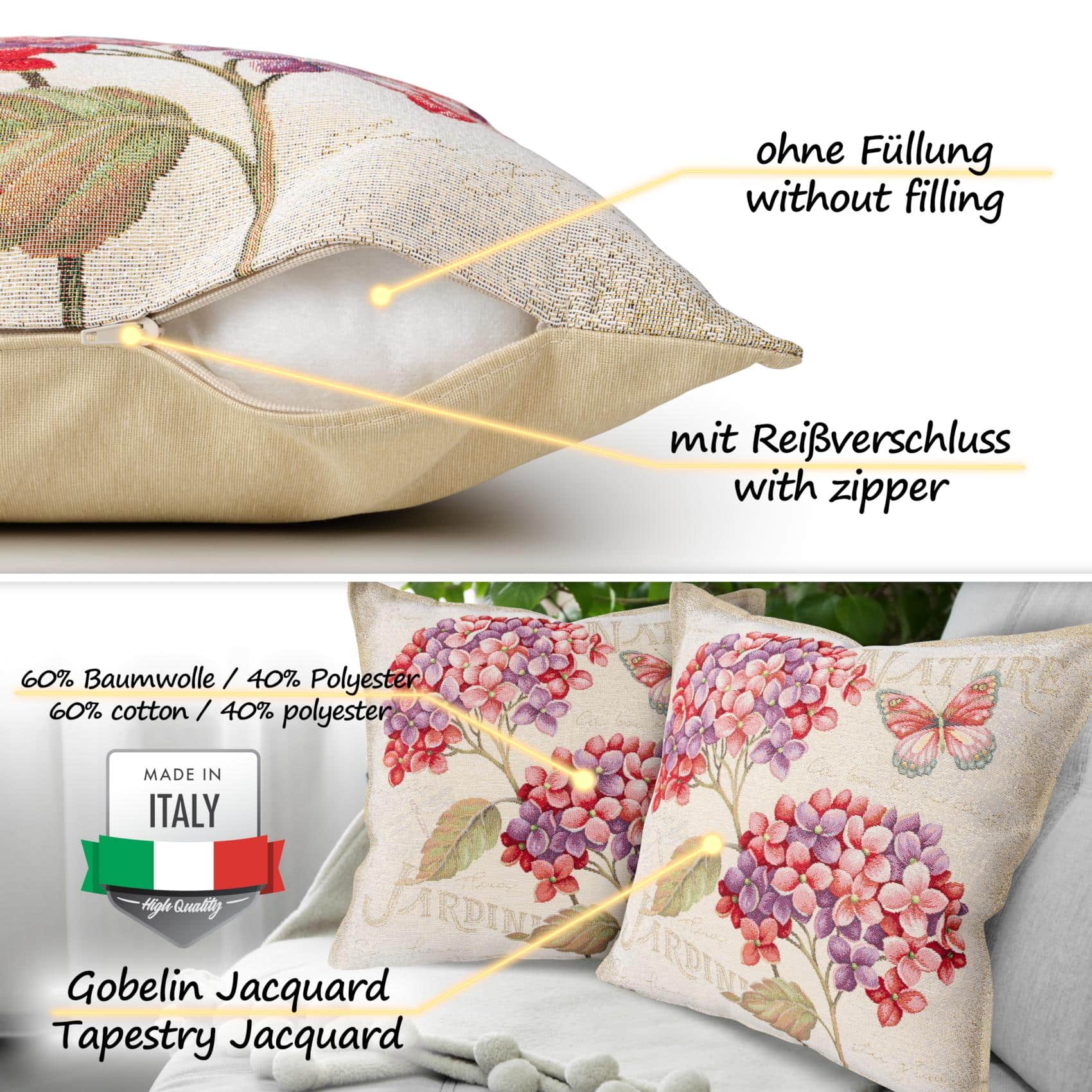 Gobelin Dekokissen Landhaus Vintage Sofakissen mit & ohne Füllung 45x45cm Hortensien