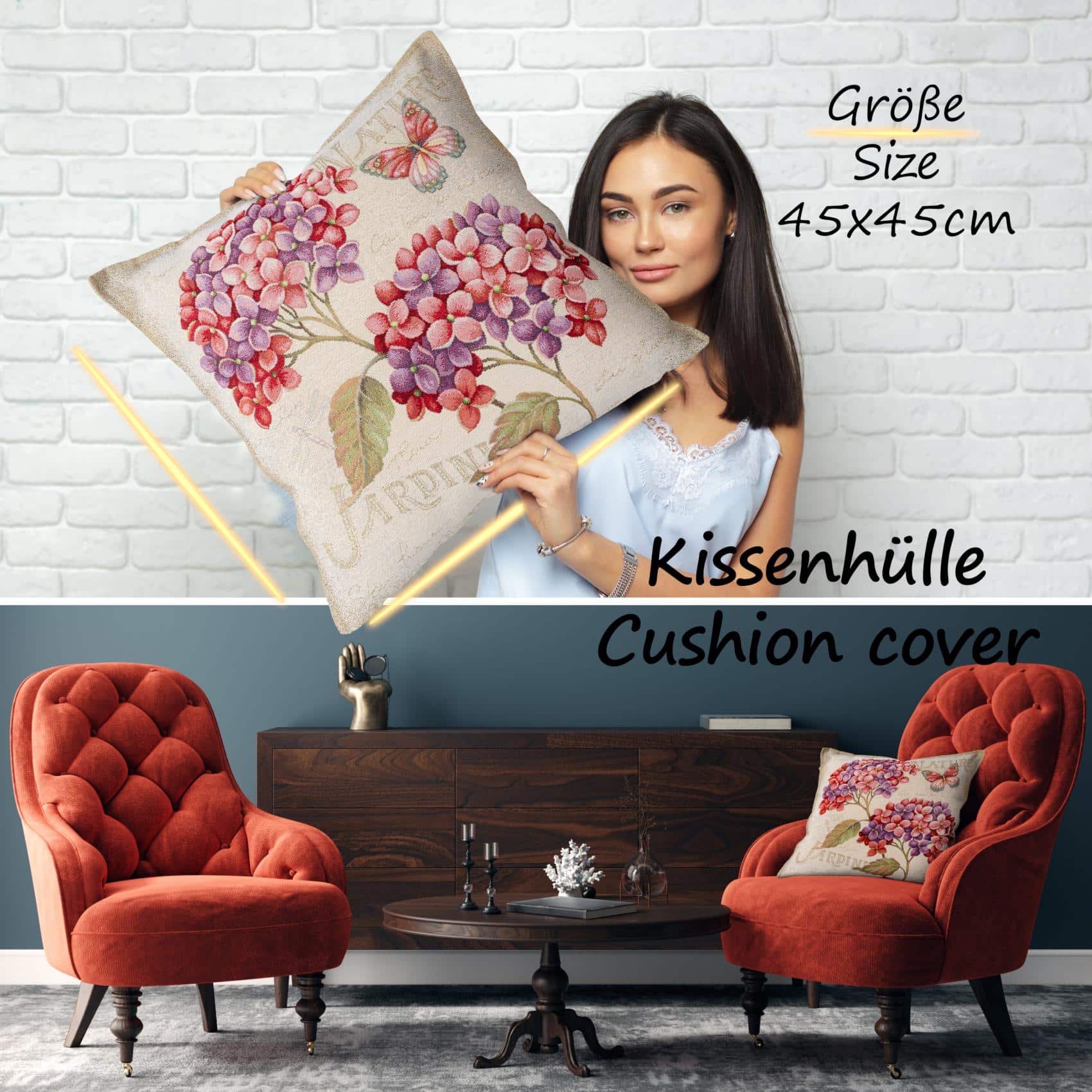 Gobelin Dekokissen Landhaus Vintage Sofakissen mit & ohne Füllung 45x45cm Hortensien