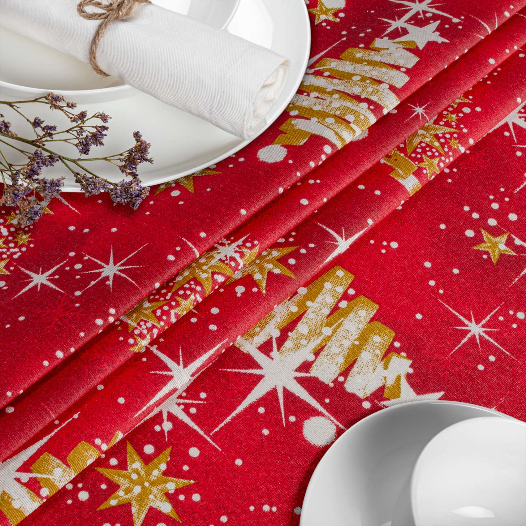 MRT68849_60 Stoff Tischdecke Textil Weihnachtstischdecke abwaschbar Tischtuch Baumwolle Polyester Christmas Rot – 90x130cm, Schnittkante