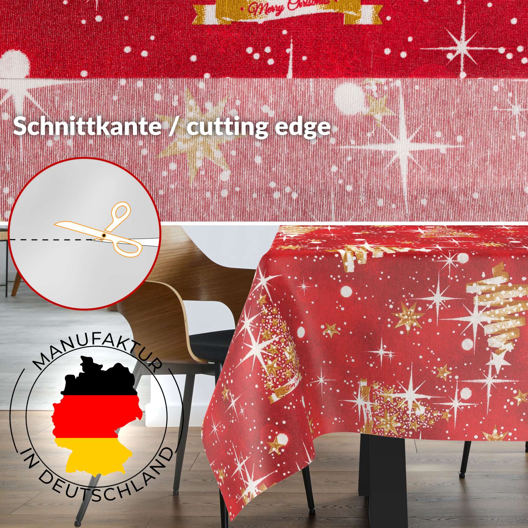 MRT68849_SQ_30 Stoff Tischdecke Textil Weihnachtstischdecke abwaschbar Tischtuch Baumwolle Polyester Christmas Rot – 90x130cm, Schnittkante