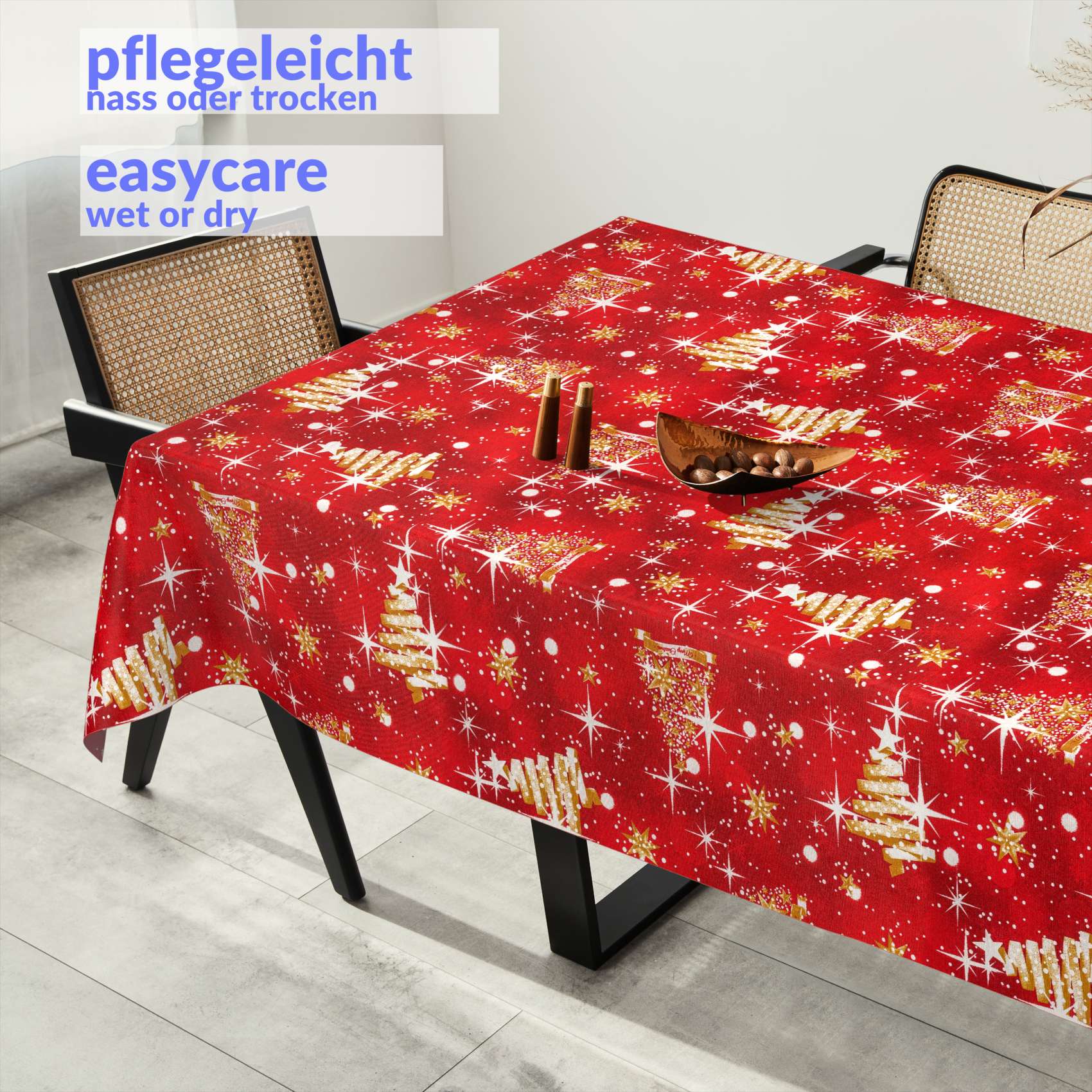 MRT68849_SQ_91 Stoff Tischdecke Textil Weihnachtstischdecke abwaschbar Tischtuch Baumwolle Polyester Christmas Rot – 90x130cm, Schnittkante