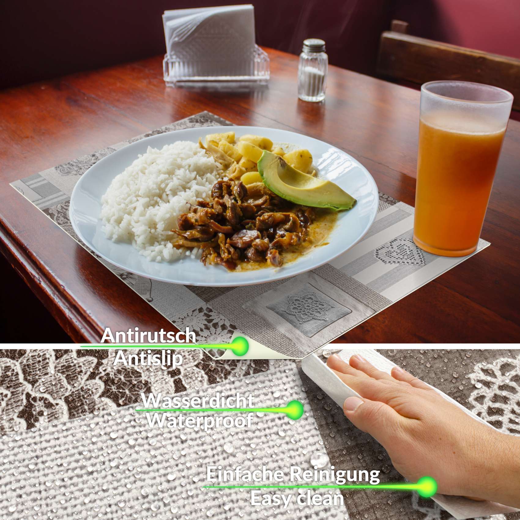 TTPL7658_30B Tischset Platzsets Platzdeckchen abwaschbar Tischuntersetzer PVC hitzebeständig Patchwork Holz Liebe 30x45cm