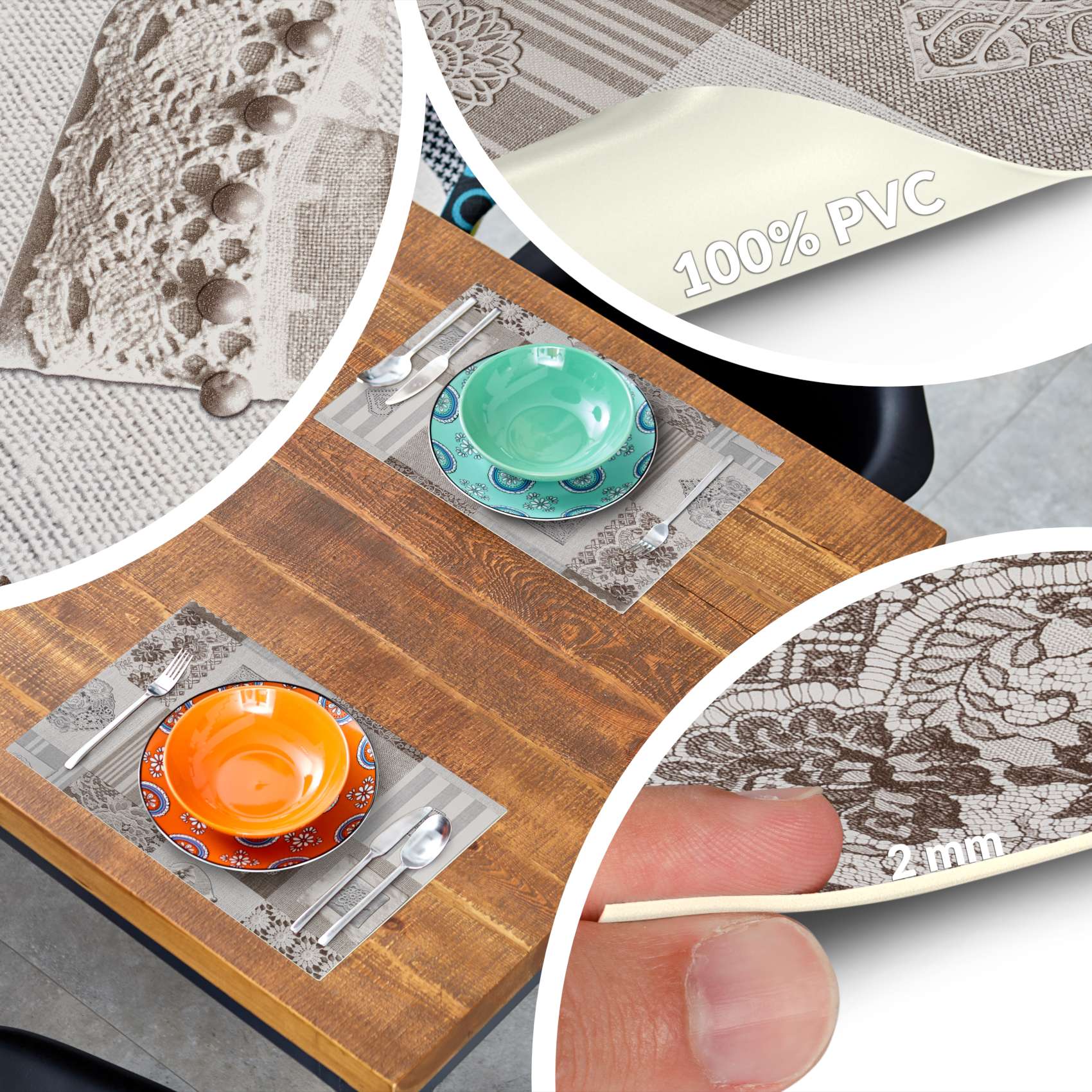 TTPL7658_70 Tischset Platzsets Platzdeckchen abwaschbar Tischuntersetzer PVC hitzebeständig Patchwork Holz Liebe 30x45cm