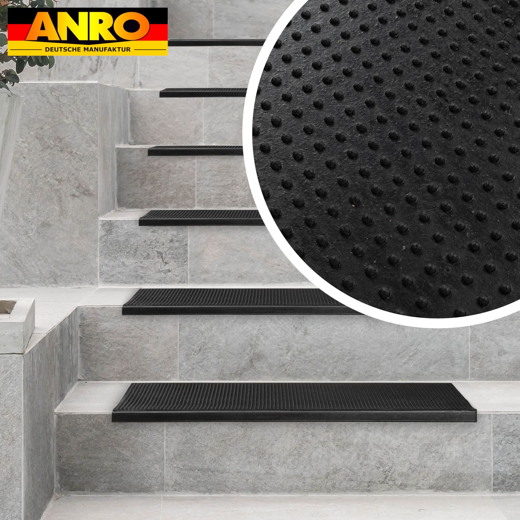 VSTUF-025-077_60 Gummi Stufenmatte Kantenschutz Punkte Schwarz Gummimatte Treppen Trittschutz