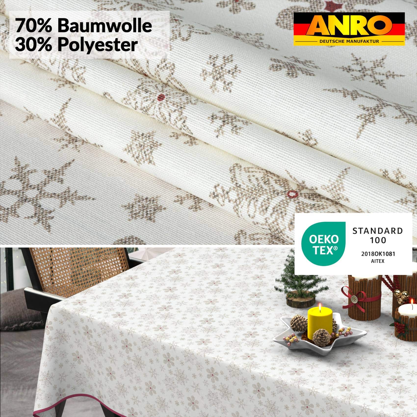GTGANNA-32_20 Weihnachtstischdecke Stofftischdecke Tischwäsche abwaschbar Tischtuch Baumwolle Polyester Weihnachten Schneeflocken – Oval 280x140cm, Schnittkante