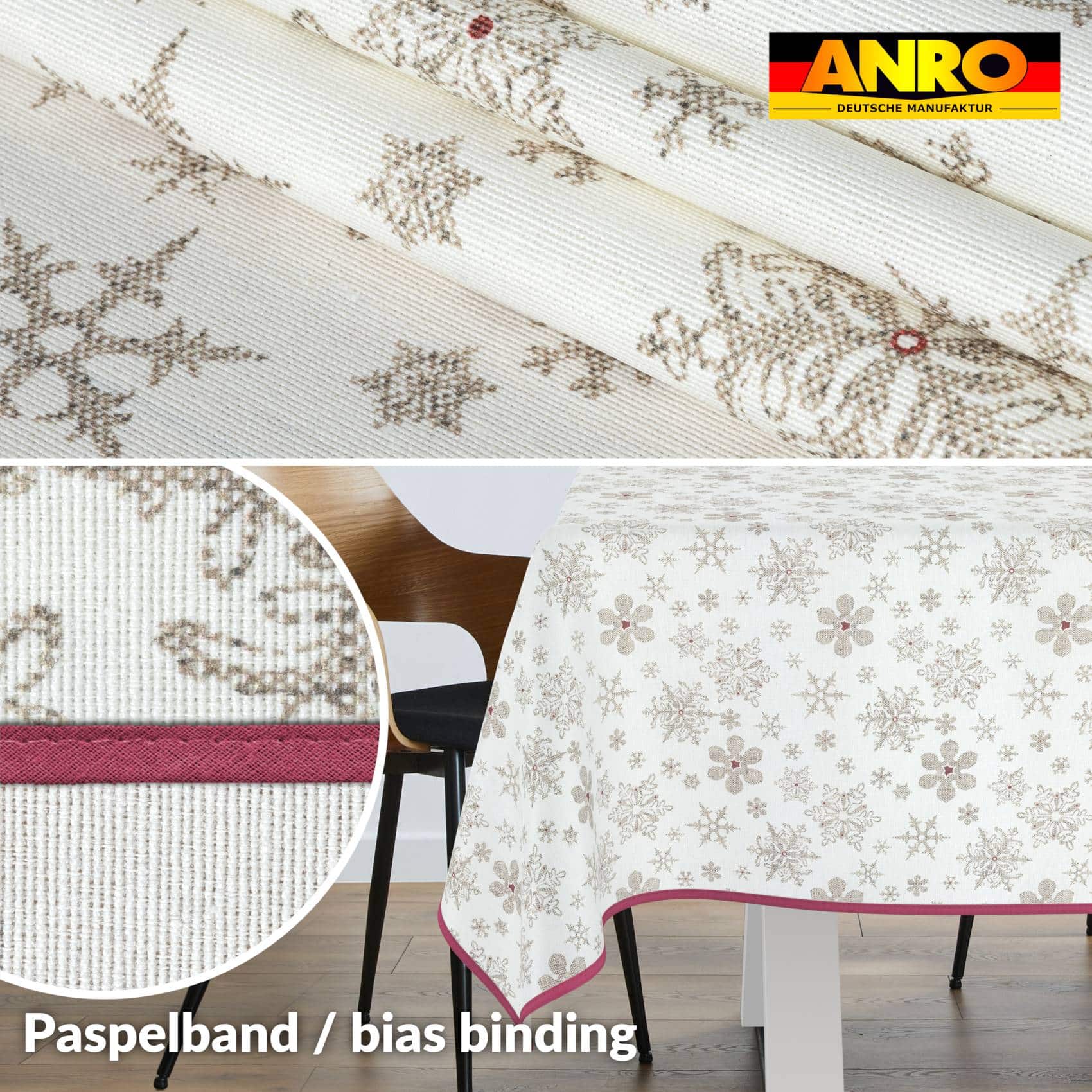 GTGANNA-32_20 Weihnachtstischdecke Stofftischdecke Tischwäsche abwaschbar Tischtuch Baumwolle Polyester Weihnachten Schneeflocken – 350x140cm, mit Saum (Eingefasst)