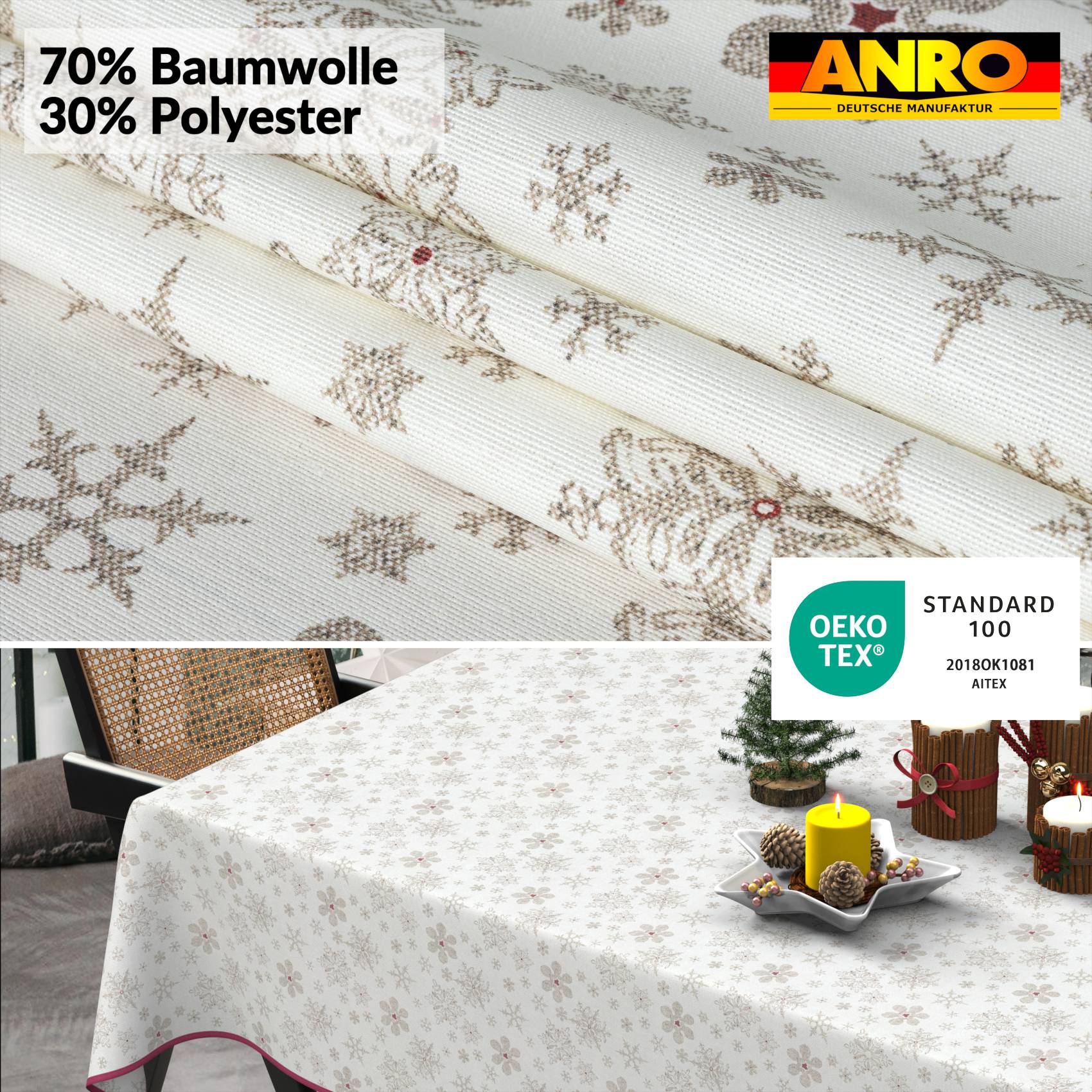 Weihnachtstischdecke Stofftischdecke Tischwäsche abwaschbar Tischtuch Baumwolle Polyester Weihnachten Schneeflocken