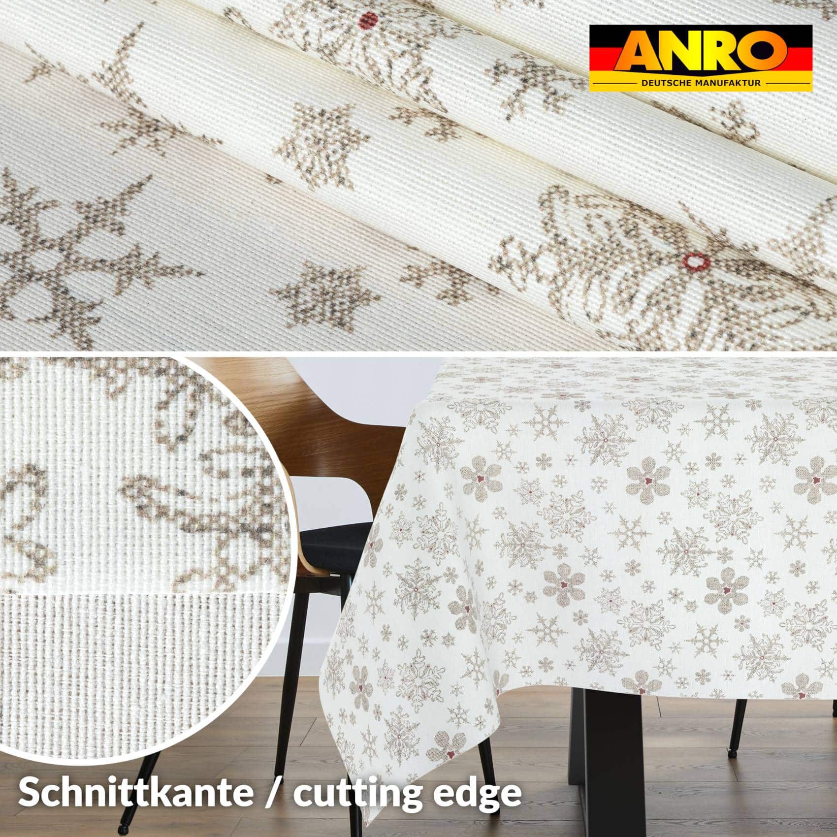 GTGANNA-32_20 Weihnachtstischdecke Stofftischdecke Tischwäsche abwaschbar Tischtuch Baumwolle Polyester Weihnachten Schneeflocken – 100x140cm, Schnittkante