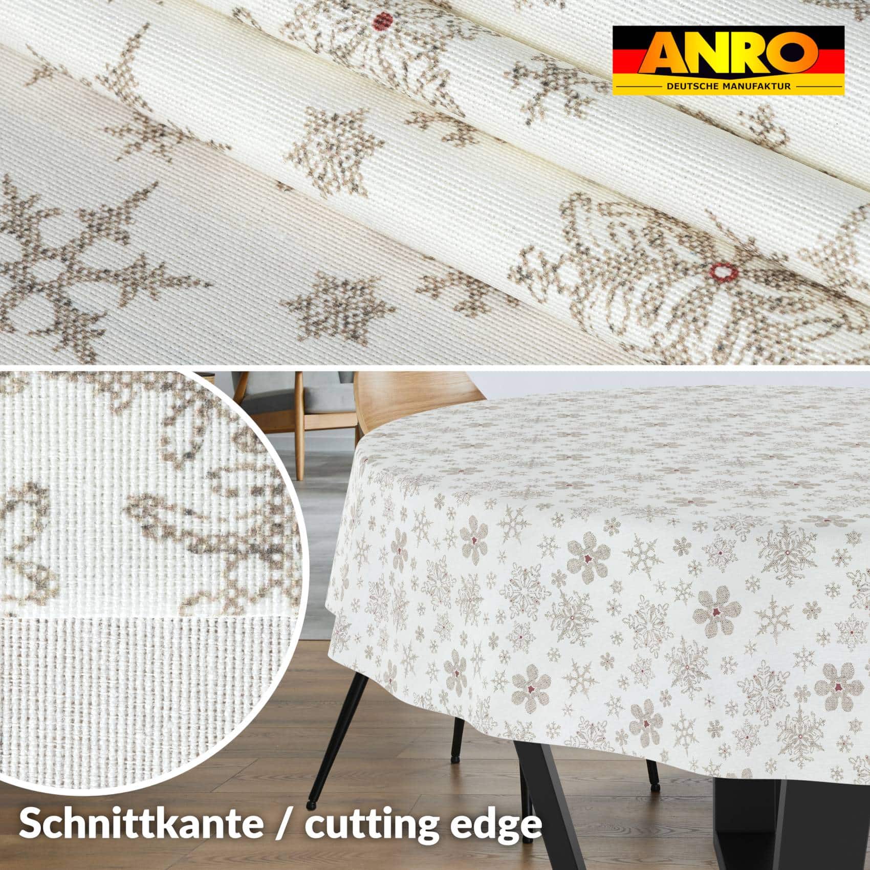 GTGANNA-32_20 Weihnachtstischdecke Stofftischdecke Tischwäsche abwaschbar Tischtuch Baumwolle Polyester Weihnachten Schneeflocken – Rund 140cm, Schnittkante