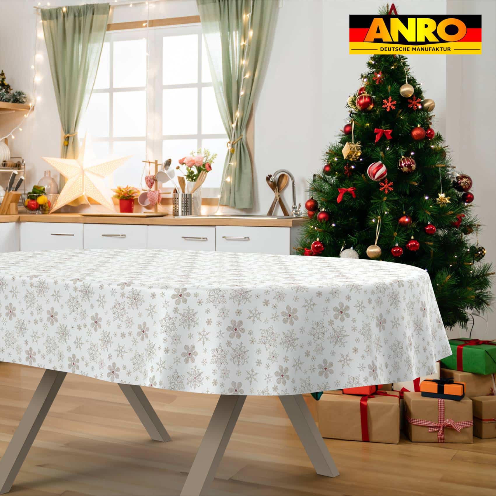 GTGANNA-32_OV_31 Weihnachtstischdecke Stofftischdecke Tischwäsche abwaschbar Tischtuch Baumwolle Polyester Weihnachten Schneeflocken – Oval 180x140cm, Schnittkante