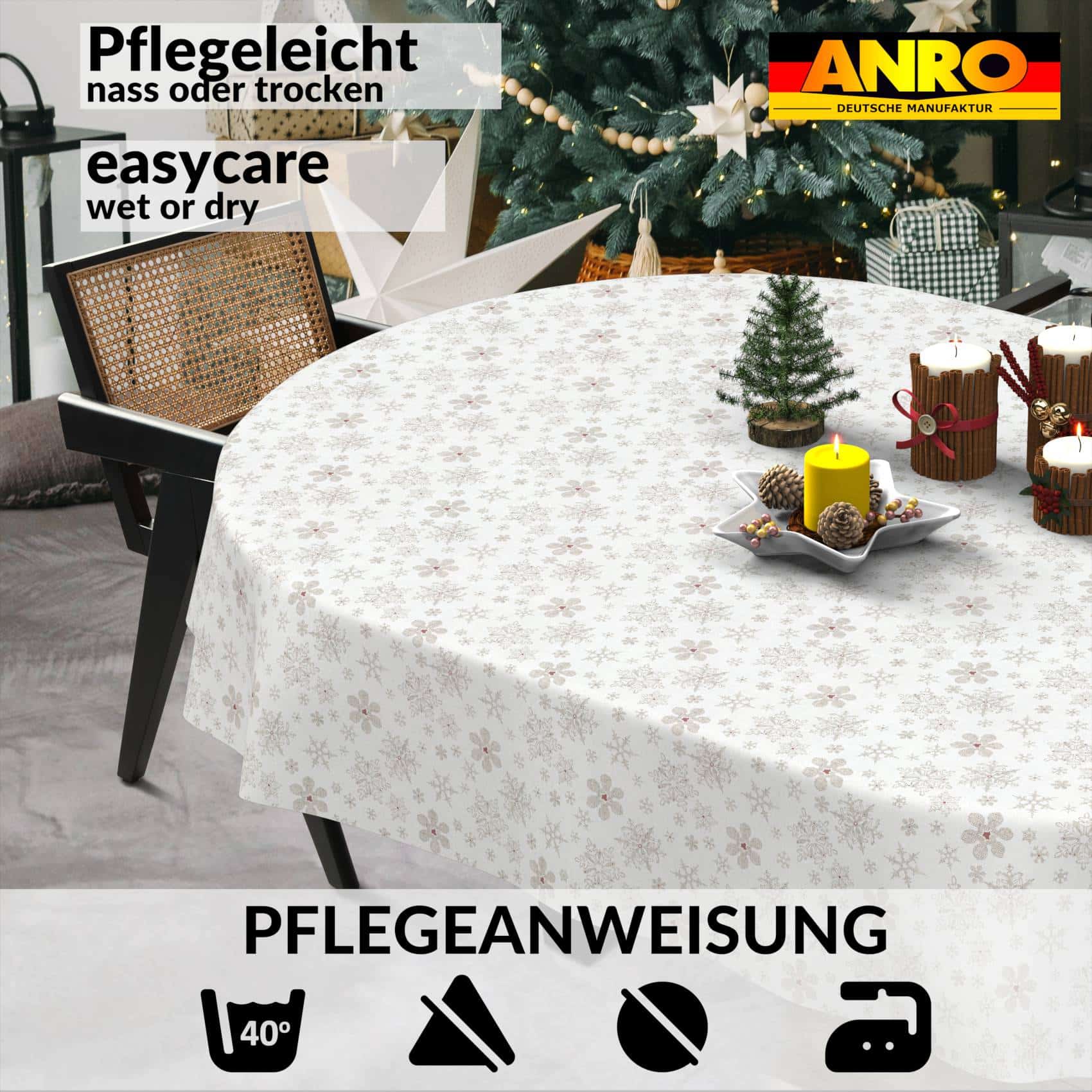 GTGANNA-32_OV_91 Weihnachtstischdecke Stofftischdecke Tischwäsche abwaschbar Tischtuch Baumwolle Polyester Weihnachten Schneeflocken – Oval 160x140cm, Schnittkante