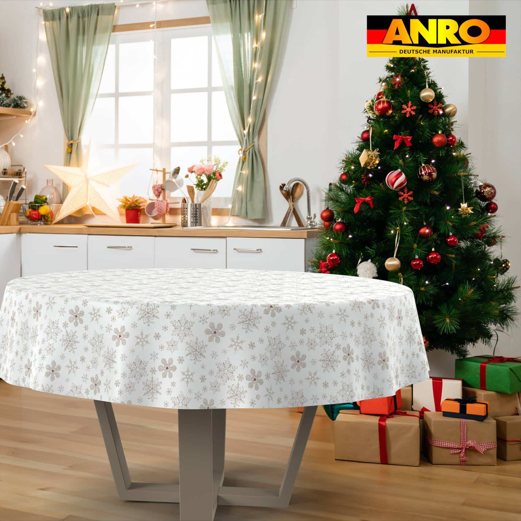 GTGANNA-32_RU_31 Weihnachtstischdecke Stofftischdecke Tischwäsche abwaschbar Tischtuch Baumwolle Polyester Weihnachten Schneeflocken – Rund 100cm, Schnittkante