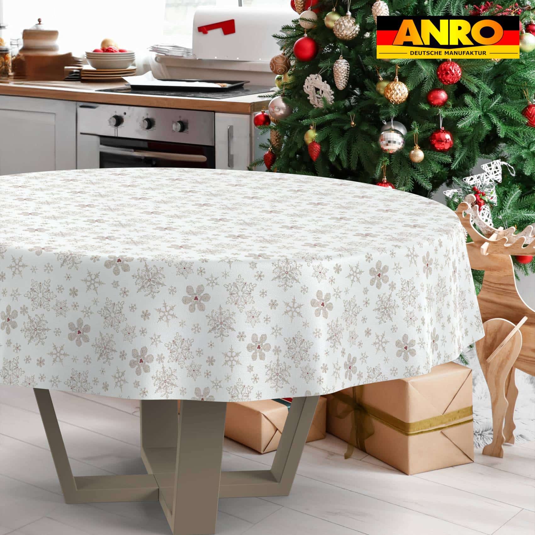 GTGANNA-32_RU_33 Weihnachtstischdecke Stofftischdecke Tischwäsche abwaschbar Tischtuch Baumwolle Polyester Weihnachten Schneeflocken – Rund 140cm, Schnittkante