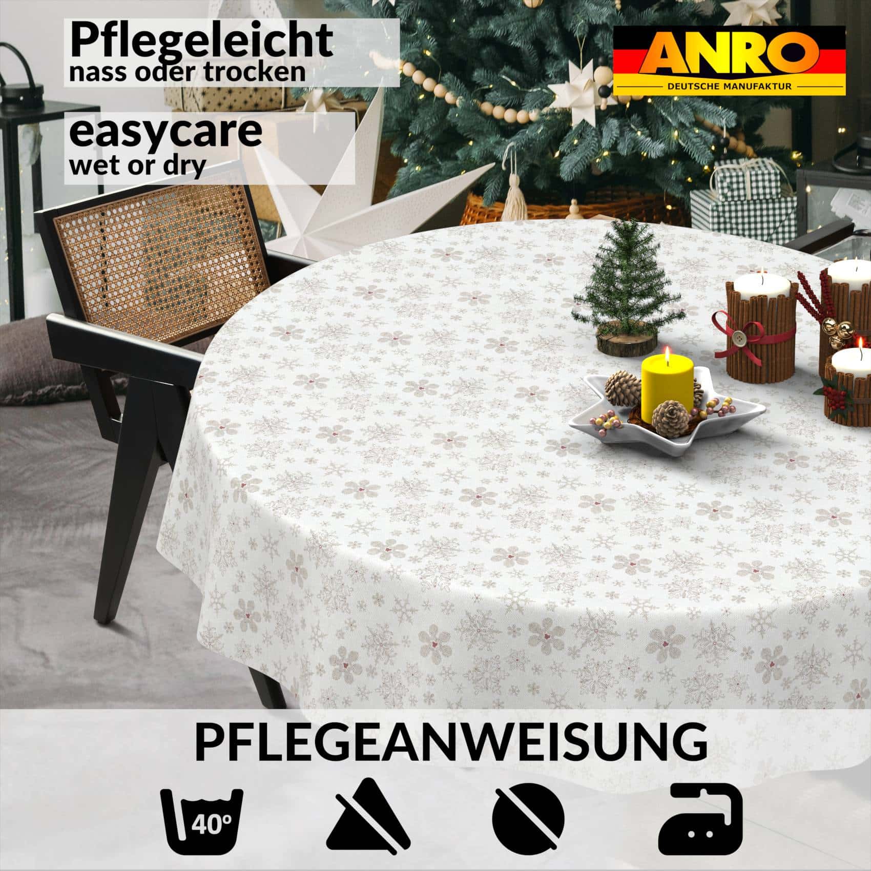 GTGANNA-32_RU_91 Weihnachtstischdecke Stofftischdecke Tischwäsche abwaschbar Tischtuch Baumwolle Polyester Weihnachten Schneeflocken – Rund 100cm, Schnittkante