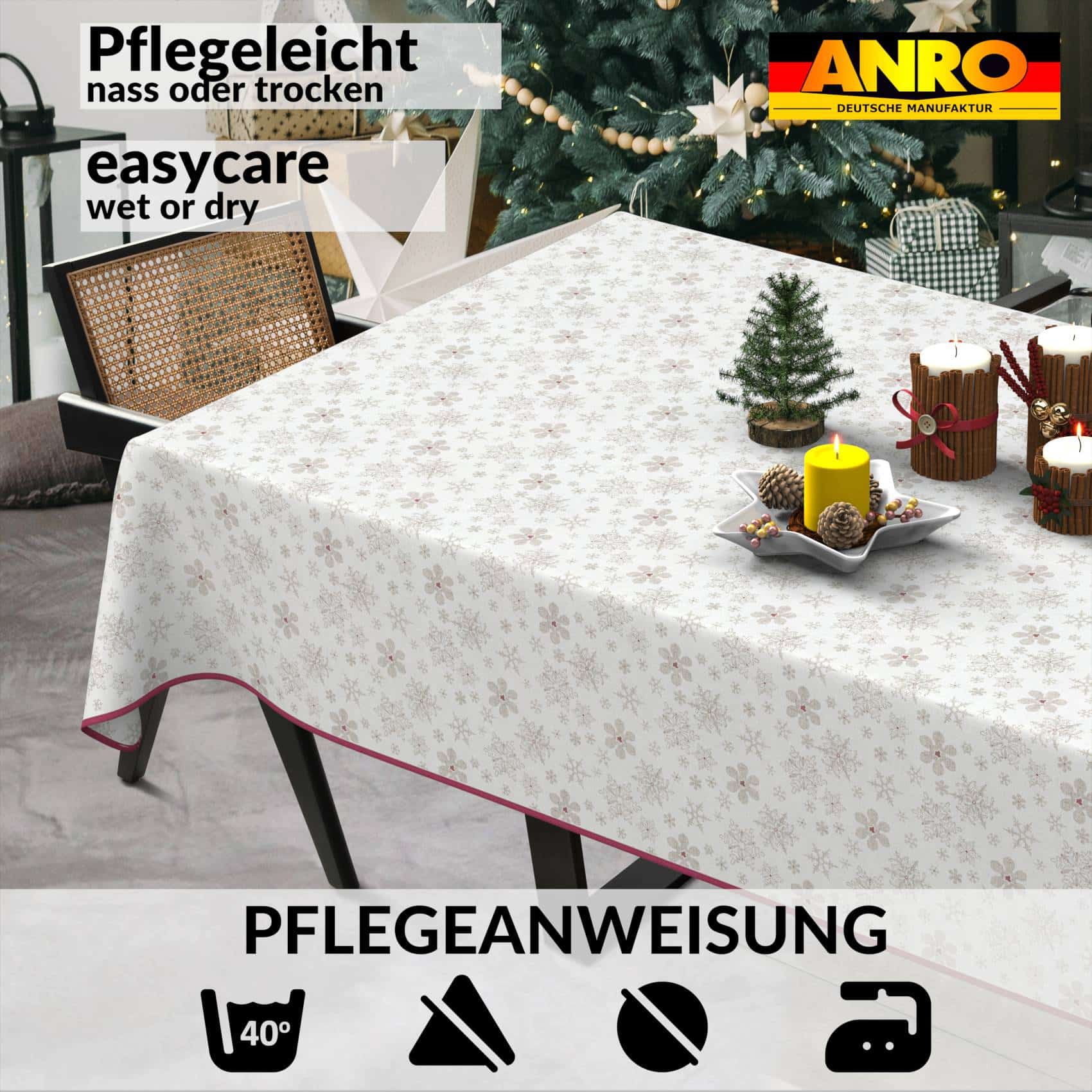 GTGANNA-32_SQ_91B Weihnachtstischdecke Stofftischdecke Tischwäsche abwaschbar Tischtuch Baumwolle Polyester Weihnachten Schneeflocken – 180x140cm, mit Saum (Eingefasst)
