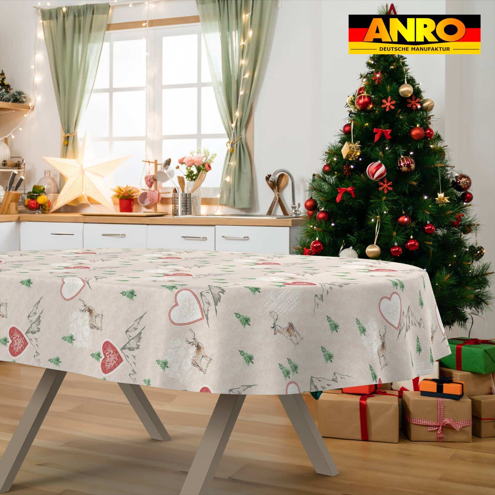 GTGANNA-34_OV_31 Weihnachtstischdecke Stofftischdecke Tischwäsche abwaschbar Tischtuch Baumwolle Polyester Weihnachten Berge – Oval 260x140cm, Schnittkante