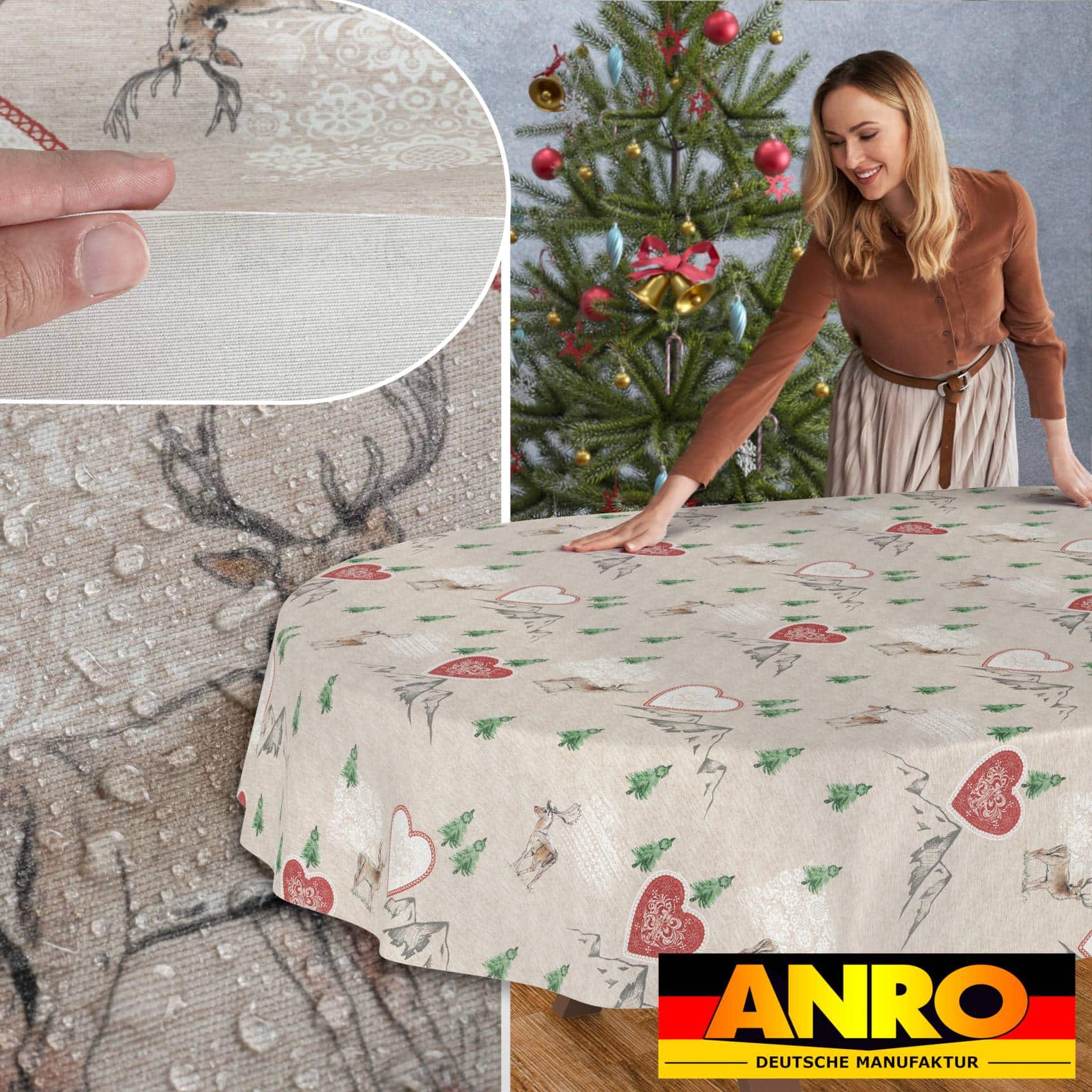 GTGANNA-34_OV_50 Weihnachtstischdecke Stofftischdecke Tischwäsche abwaschbar Tischtuch Baumwolle Polyester Weihnachten Berge – Oval 160x140cm, Schnittkante