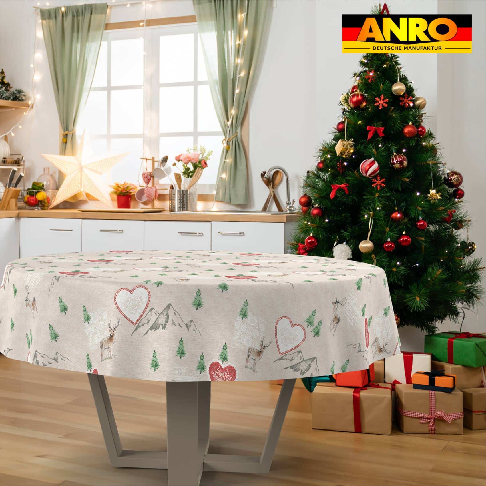 GTGANNA-34_RU_31 Weihnachtstischdecke Stofftischdecke Tischwäsche abwaschbar Tischtuch Baumwolle Polyester Weihnachten Berge – Rund 140cm, Schnittkante