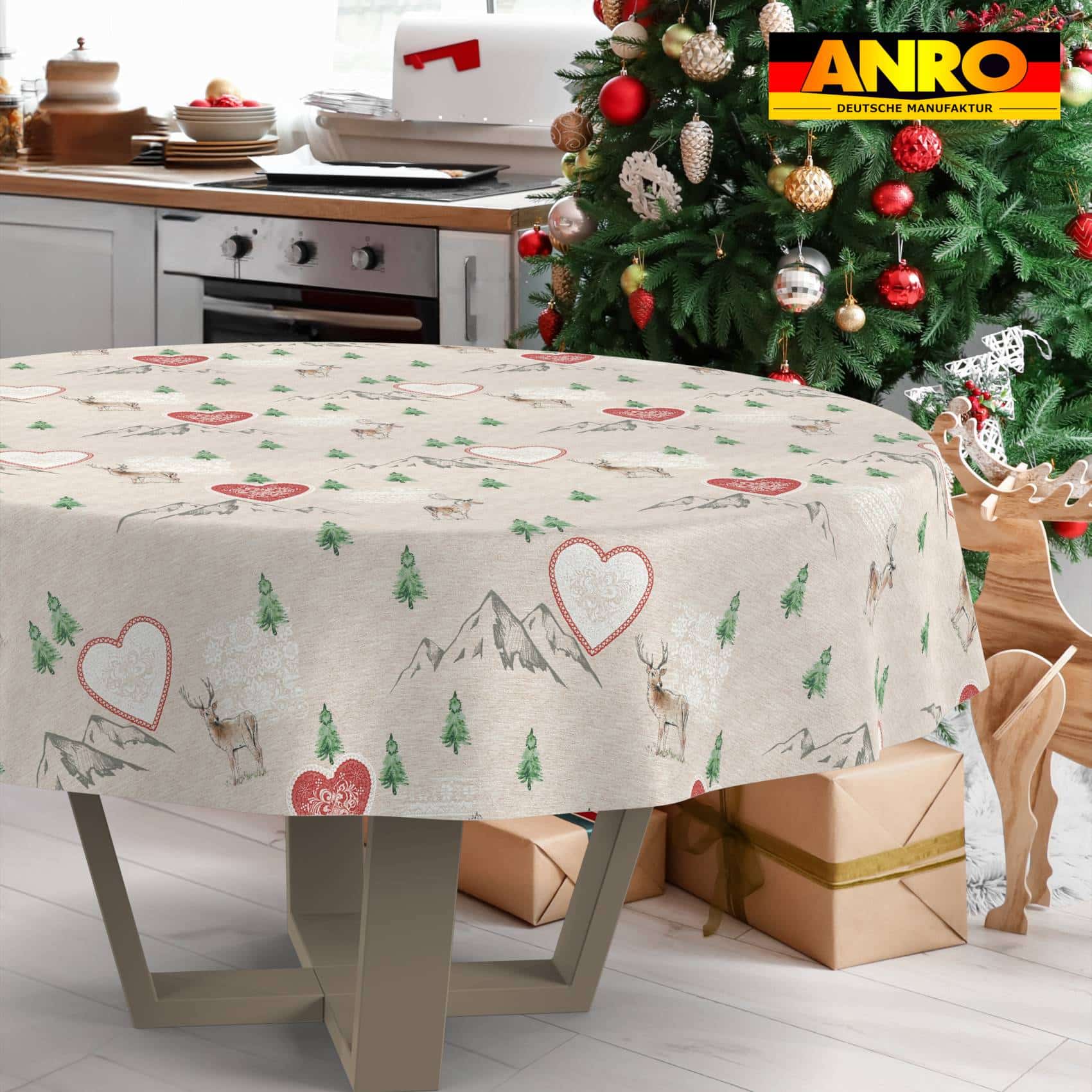 GTGANNA-34_RU_33 Weihnachtstischdecke Stofftischdecke Tischwäsche abwaschbar Tischtuch Baumwolle Polyester Weihnachten Berge – Rund 100cm, Schnittkante