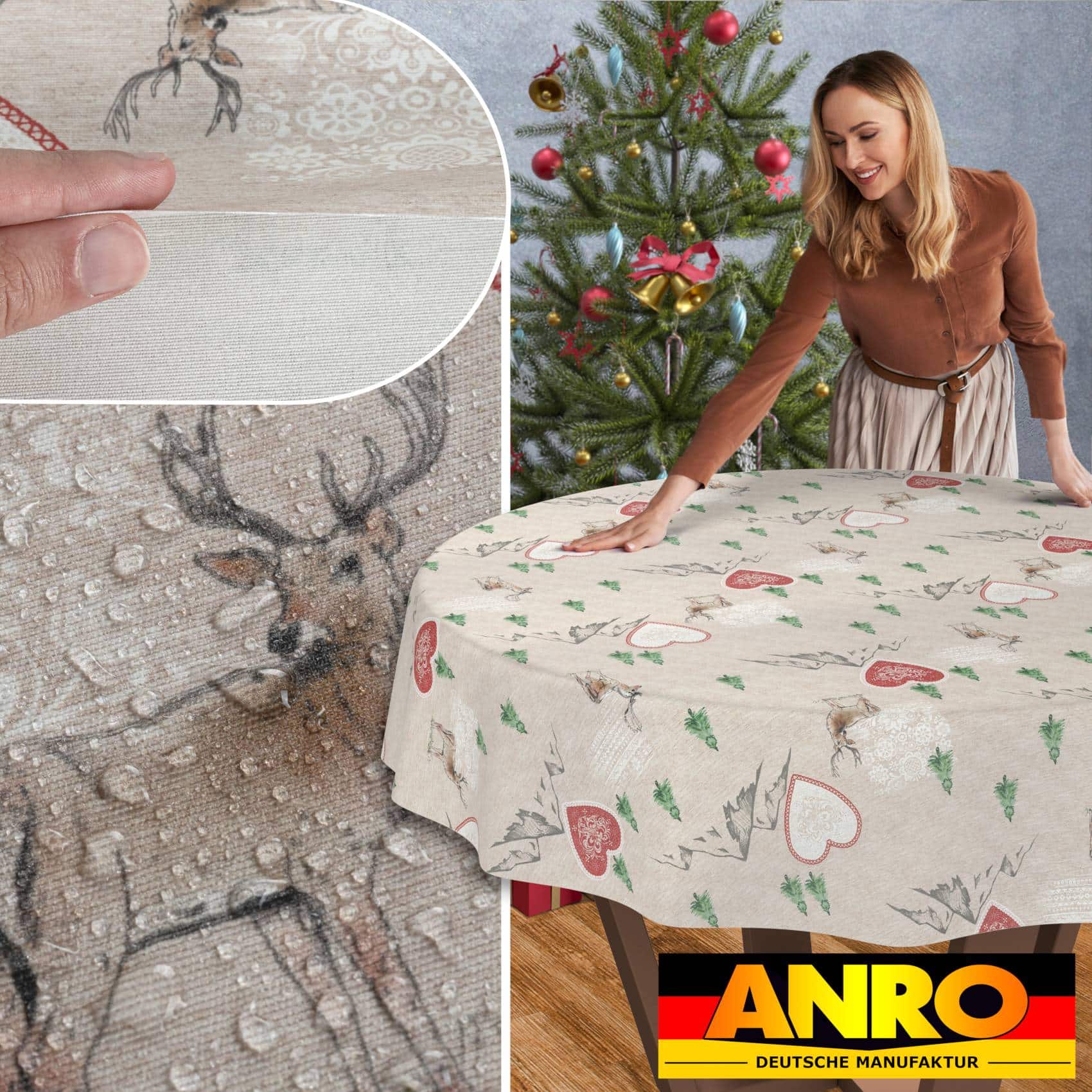 GTGANNA-34_RU_50 Weihnachtstischdecke Stofftischdecke Tischwäsche abwaschbar Tischtuch Baumwolle Polyester Weihnachten Berge – Rund 120cm, Schnittkante