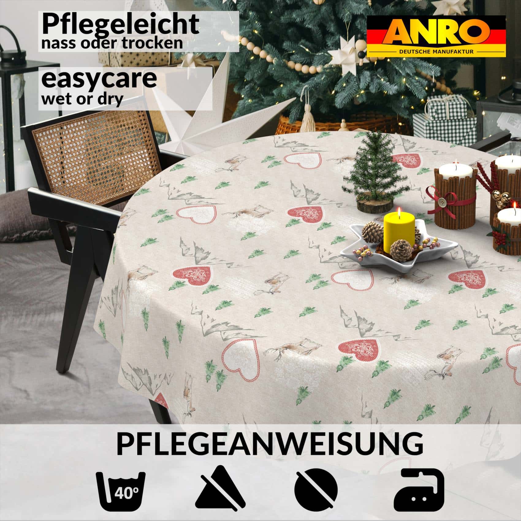 GTGANNA-34_RU_91 Weihnachtstischdecke Stofftischdecke Tischwäsche abwaschbar Tischtuch Baumwolle Polyester Weihnachten Berge – Rund 140cm, Schnittkante