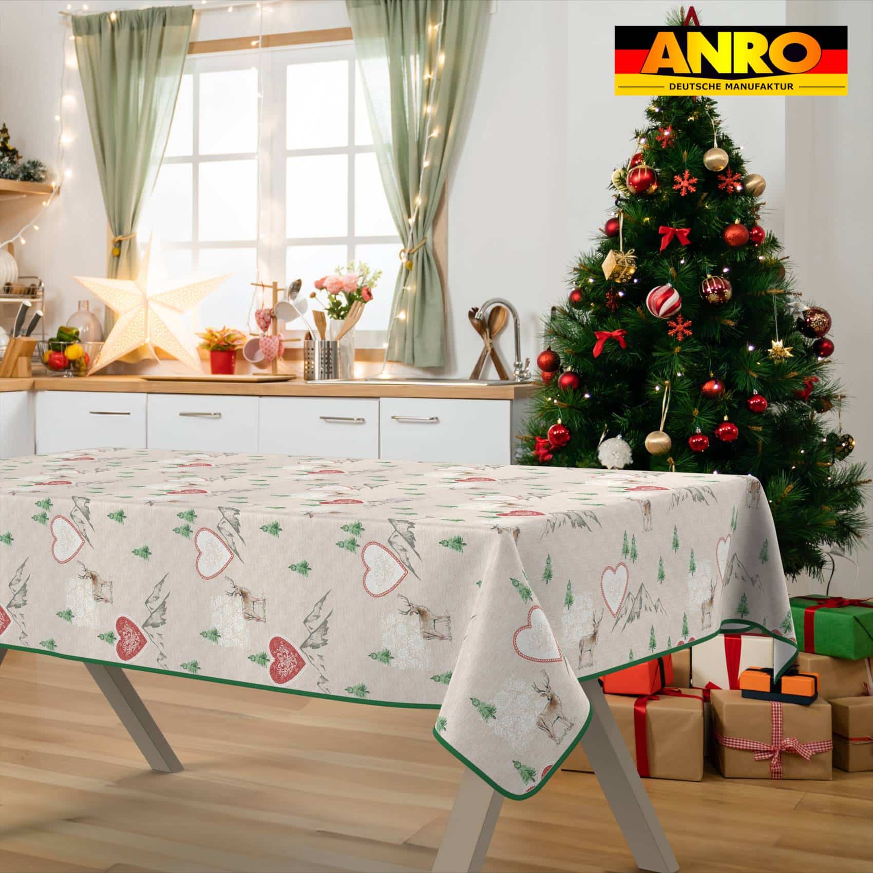 GTGANNA-34_SQ_31B Weihnachtstischdecke Stofftischdecke Tischwäsche abwaschbar Tischtuch Baumwolle Polyester Weihnachten Berge – 240x140cm, mit Saum (Eingefasst)