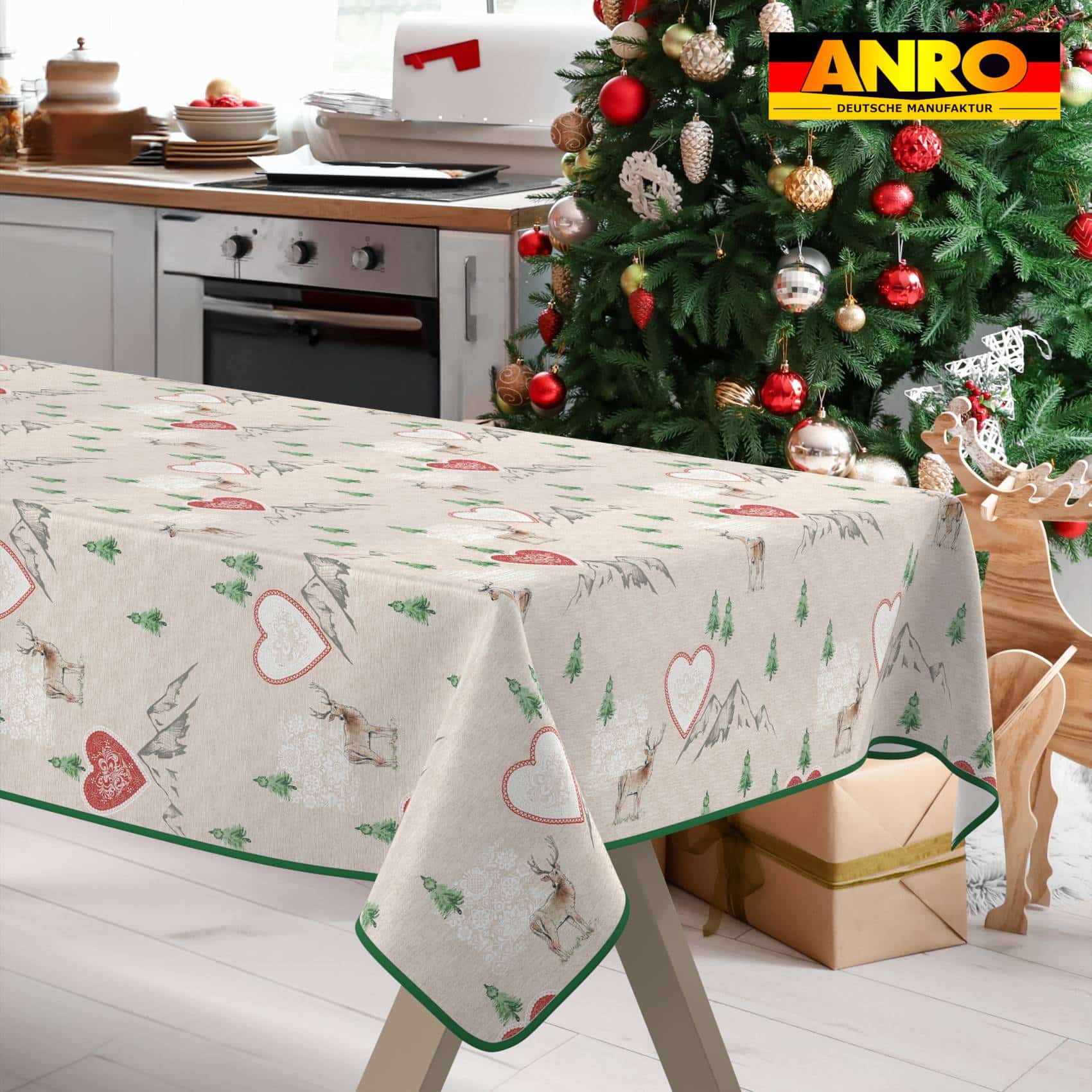 Weihnachtstischdecke Stofftischdecke Tischwäsche abwaschbar Tischtuch Baumwolle Polyester Weihnachten Berge – 180x120cm, mit Saum (Eingefasst)