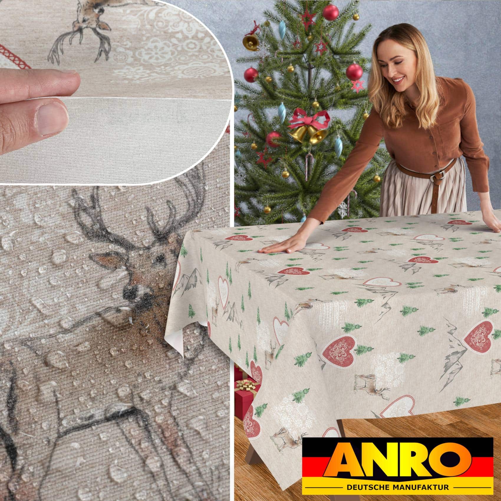 GTGANNA-34_SQ_50 Weihnachtstischdecke Stofftischdecke Tischwäsche abwaschbar Tischtuch Baumwolle Polyester Weihnachten Berge – 180x120cm, Schnittkante