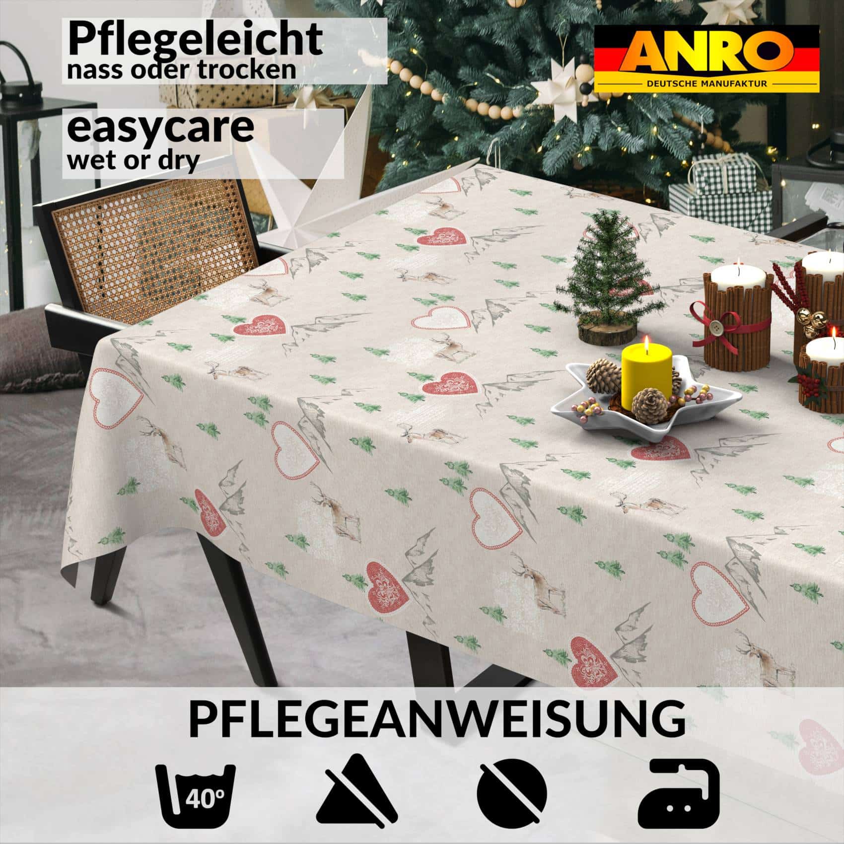 GTGANNA-34_SQ_91 Weihnachtstischdecke Stofftischdecke Tischwäsche abwaschbar Tischtuch Baumwolle Polyester Weihnachten Berge – 300x140cm, Schnittkante