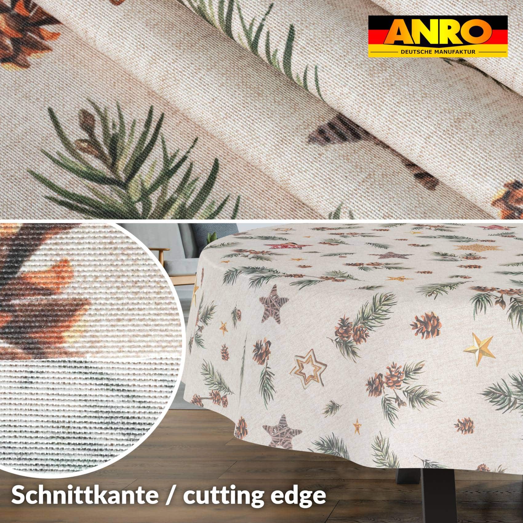 GTGANNA-35_20 Weihnachtstischdecke Stofftischdecke Tischwäsche abwaschbar Tischtuch Baumwolle Polyester Weihnachten Stern – Oval 260x140cm, Schnittkante