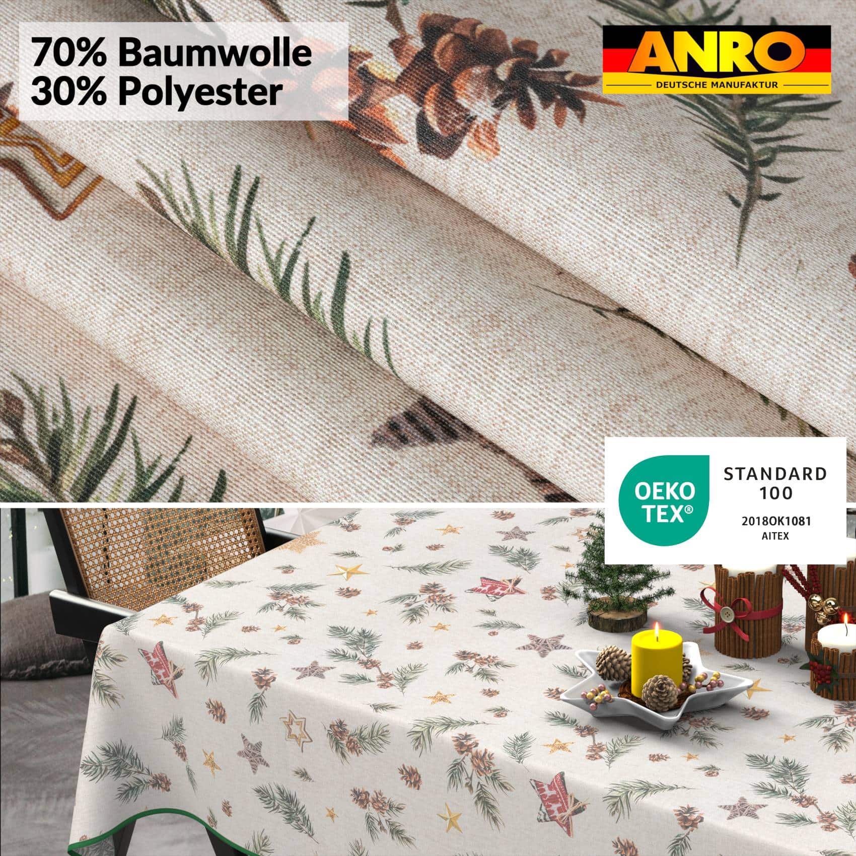 GTGANNA-35_20 Weihnachtstischdecke Stofftischdecke Tischwäsche abwaschbar Tischtuch Baumwolle Polyester Weihnachten Stern – 140x140cm, mit Saum (Eingefasst)
