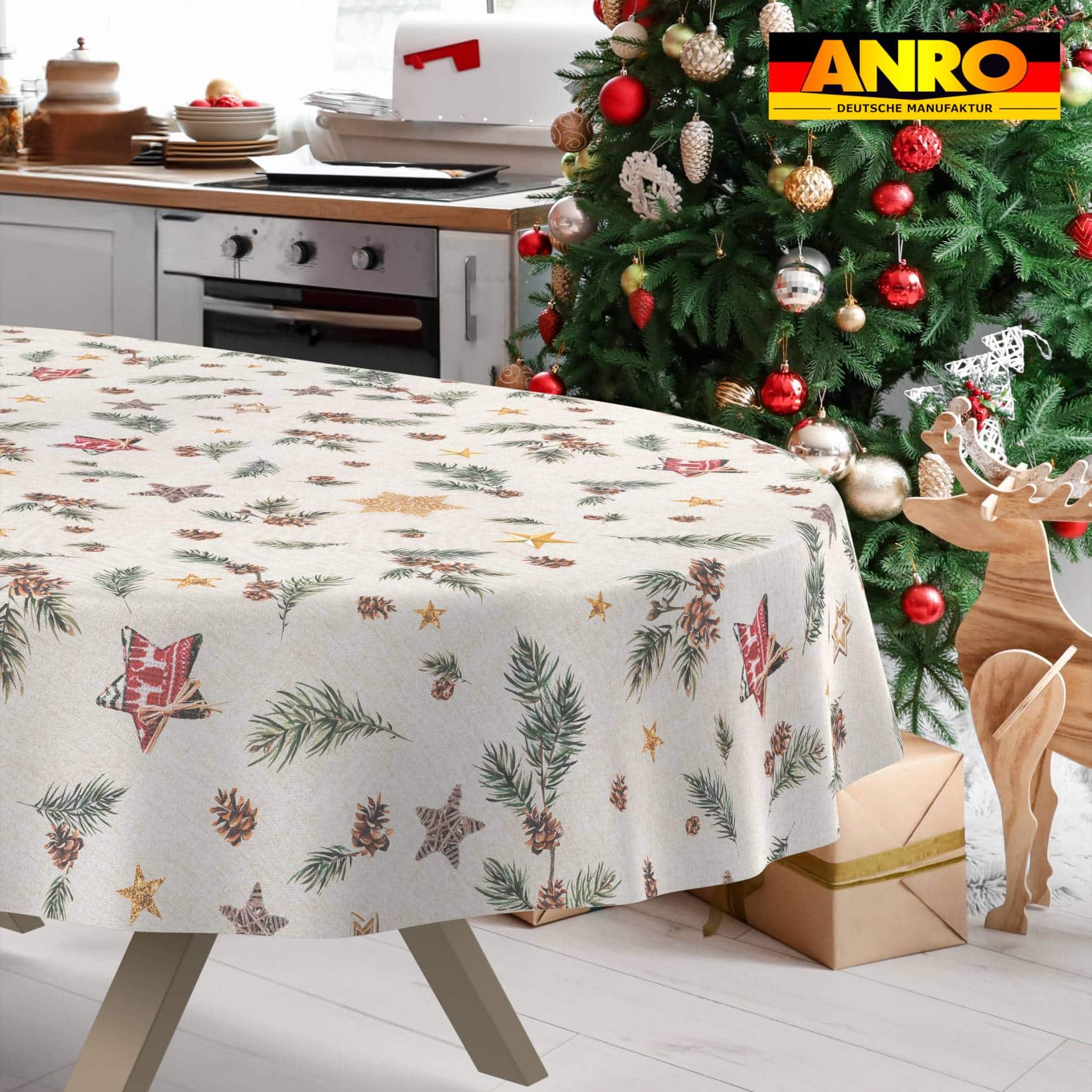 GTGANNA-35_OV_33 Weihnachtstischdecke Stofftischdecke Tischwäsche abwaschbar Tischtuch Baumwolle Polyester Weihnachten Stern – Oval 220x140cm, Schnittkante