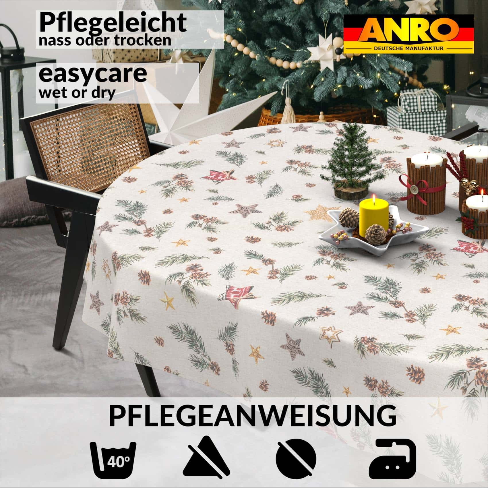 GTGANNA-35_OV_91 Weihnachtstischdecke Stofftischdecke Tischwäsche abwaschbar Tischtuch Baumwolle Polyester Weihnachten Stern – Oval 260x140cm, Schnittkante