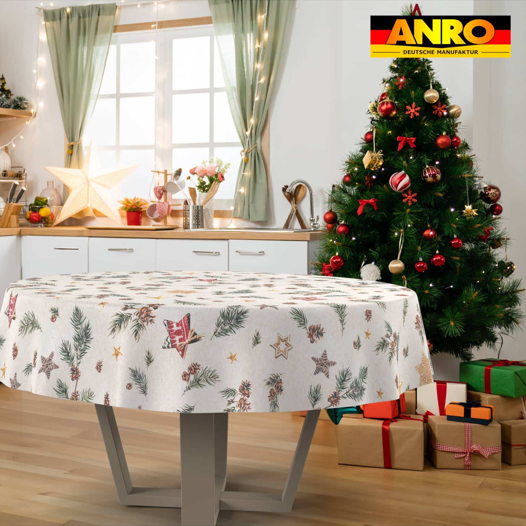 GTGANNA-35_RU_31 Weihnachtstischdecke Stofftischdecke Tischwäsche abwaschbar Tischtuch Baumwolle Polyester Weihnachten Stern – Rund 100cm, Schnittkante