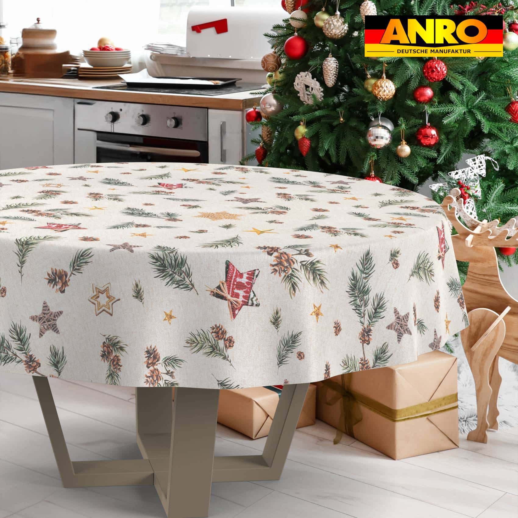 GTGANNA-35_RU_33 Weihnachtstischdecke Stofftischdecke Tischwäsche abwaschbar Tischtuch Baumwolle Polyester Weihnachten Stern – Rund 140cm, Schnittkante