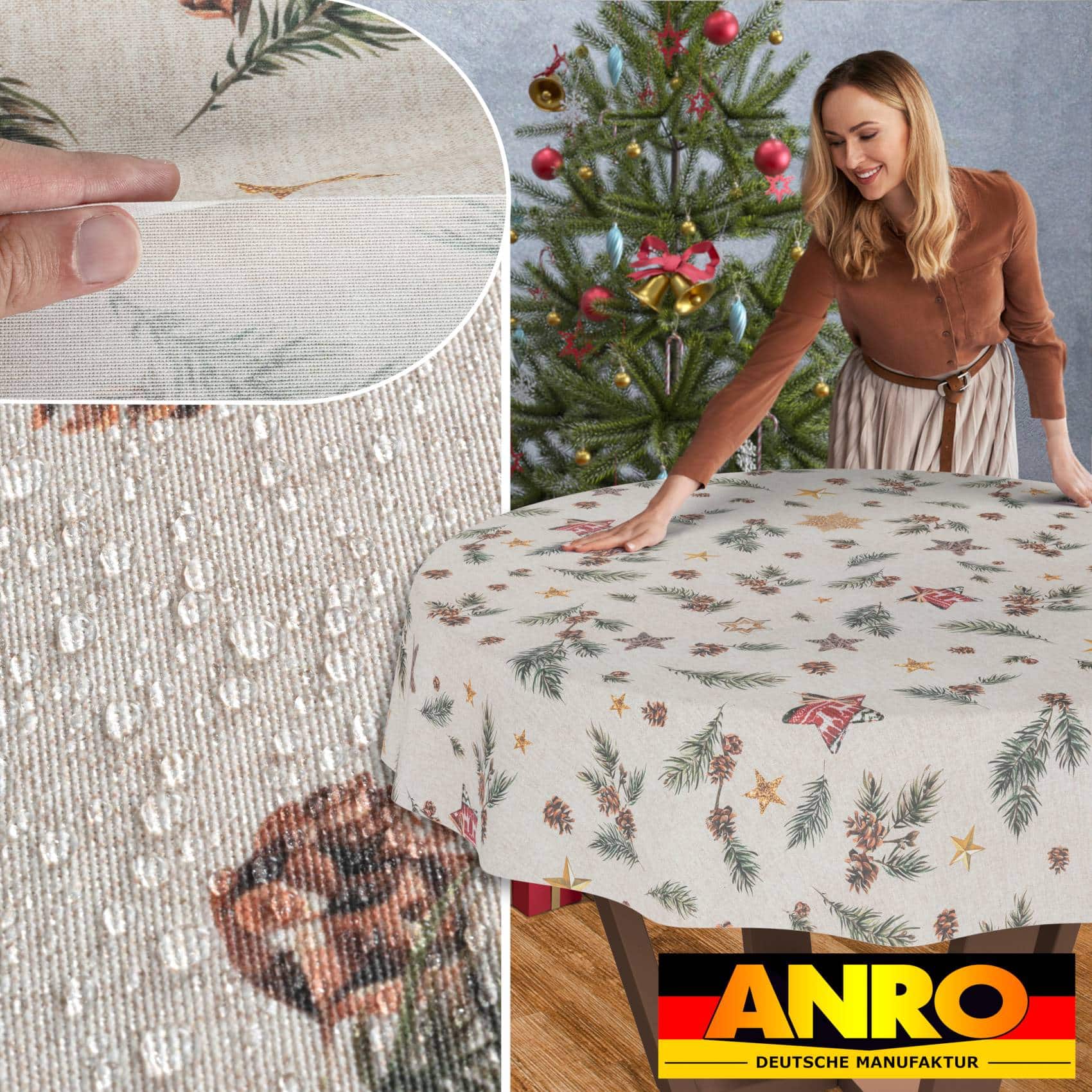 GTGANNA-35_RU_50 Weihnachtstischdecke Stofftischdecke Tischwäsche abwaschbar Tischtuch Baumwolle Polyester Weihnachten Stern – Rund 140cm, Schnittkante