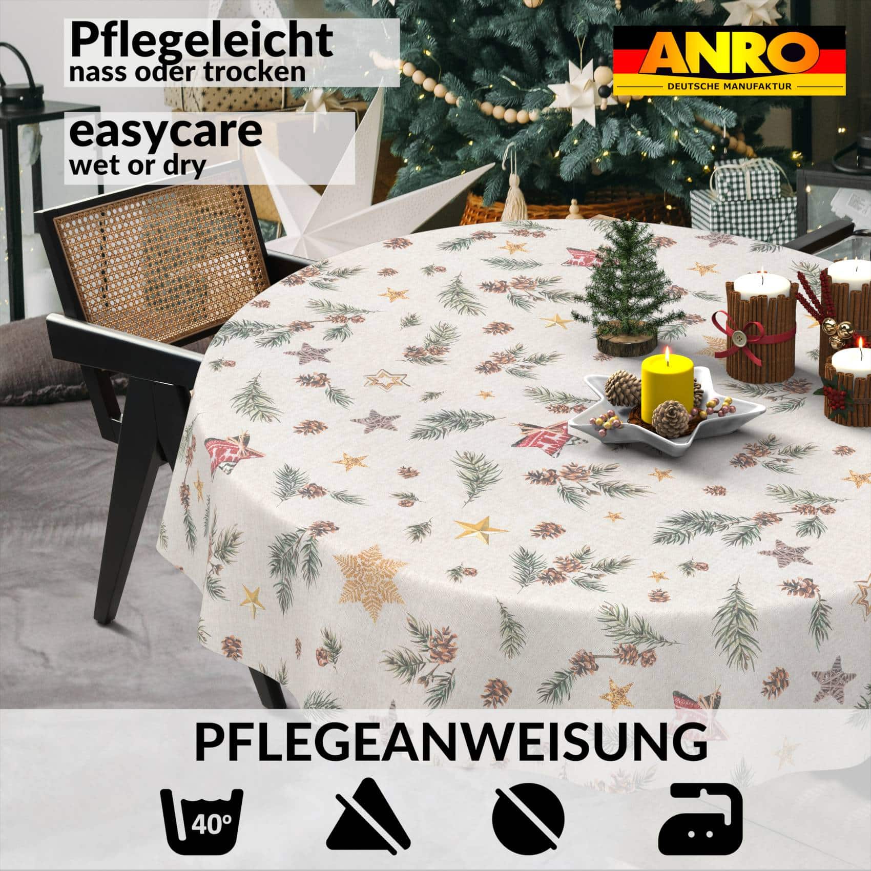 GTGANNA-35_RU_91 Weihnachtstischdecke Stofftischdecke Tischwäsche abwaschbar Tischtuch Baumwolle Polyester Weihnachten Stern – Rund 140cm, Schnittkante