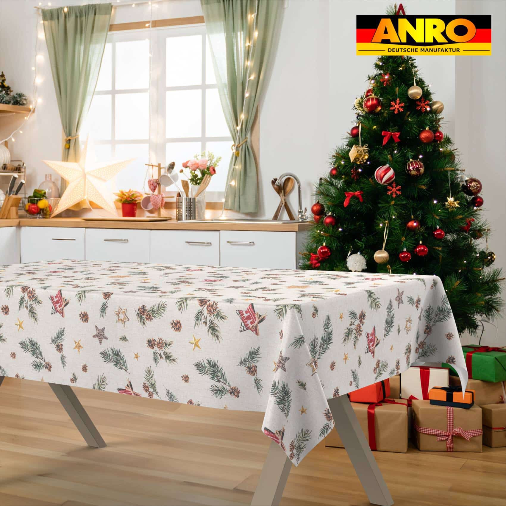 GTGANNA-35_SQ_31 Weihnachtstischdecke Stofftischdecke Tischwäsche abwaschbar Tischtuch Baumwolle Polyester Weihnachten Stern – 200x140cm, Schnittkante