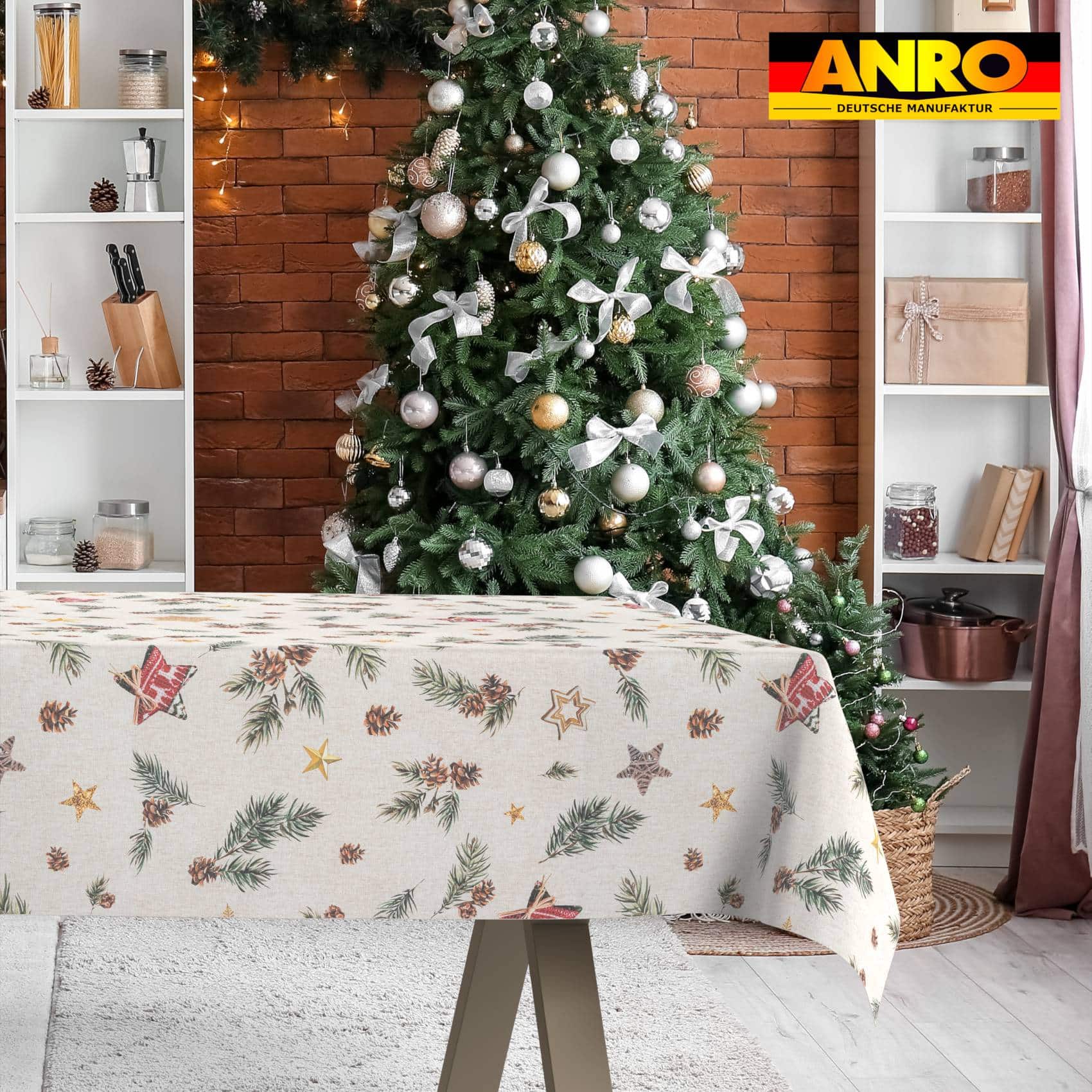 GTGANNA-35_SQ_31 Weihnachtstischdecke Stofftischdecke Tischwäsche abwaschbar Tischtuch Baumwolle Polyester Weihnachten Stern – 300x140cm, Schnittkante